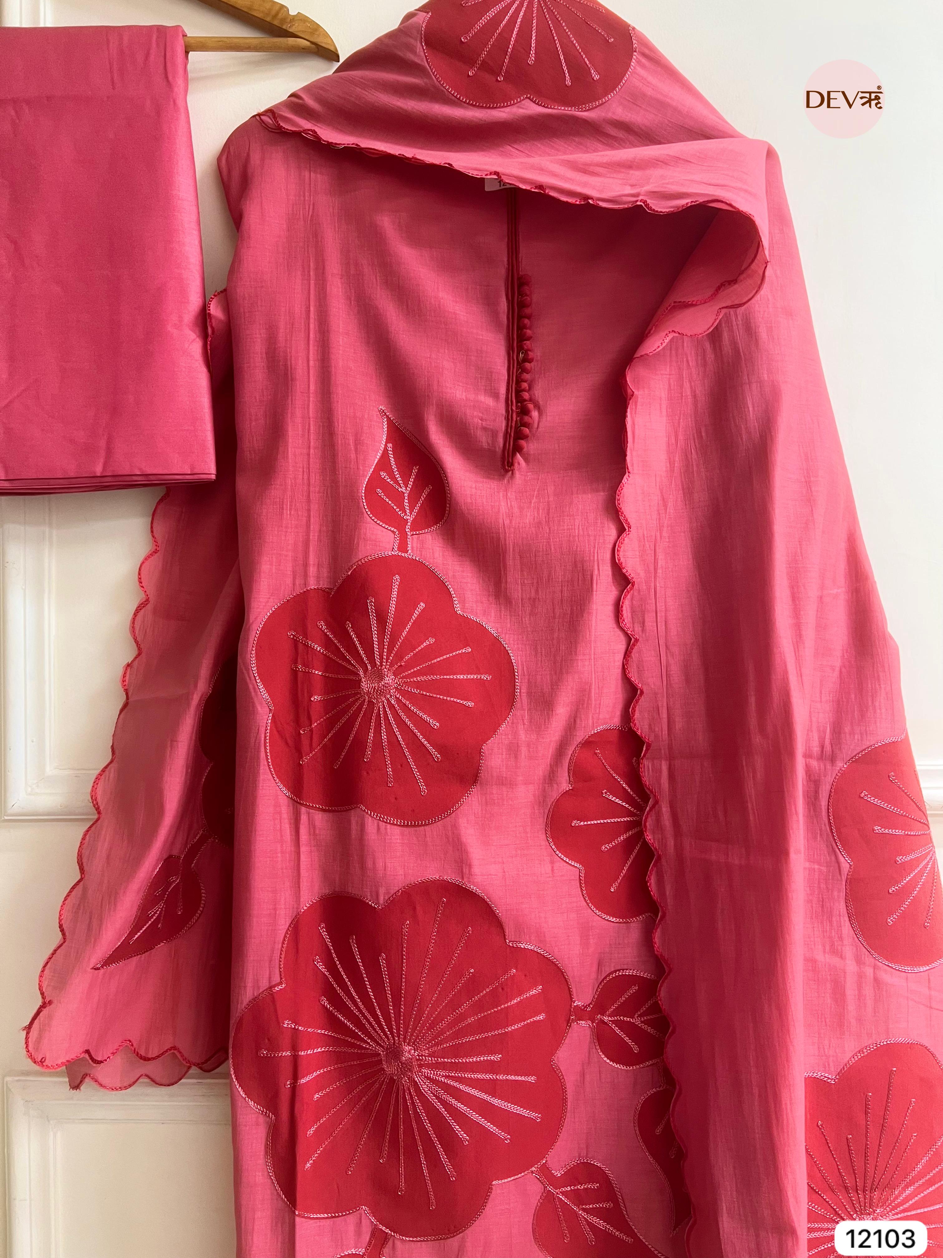 Pink Modal Silk Unstitched Applique Embroidered -Set Of 3 - {12103}