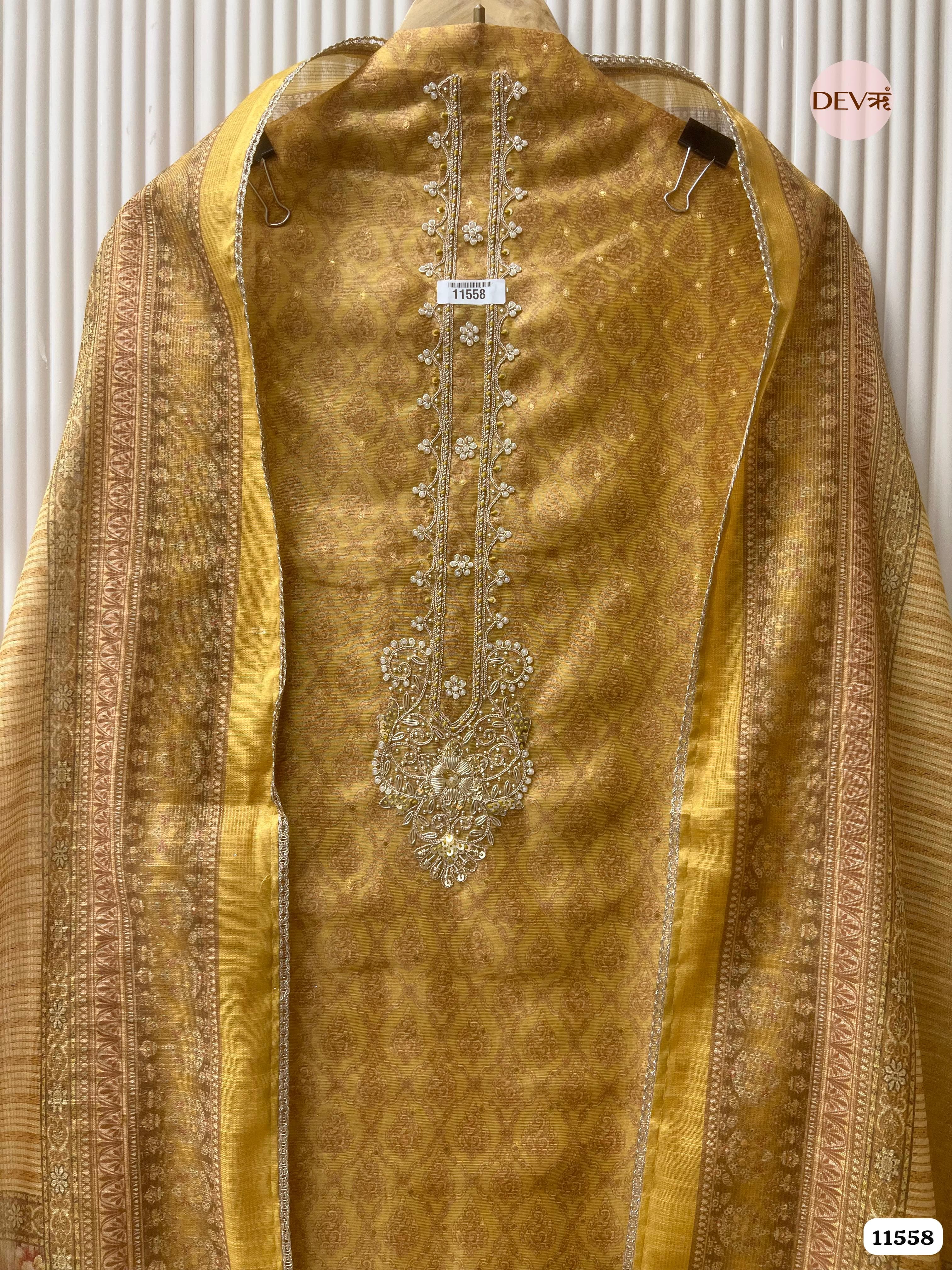 yellow/golden Pure Dola Silk Unstitched Printed Hand Embroidered -Set Of 3 {11558}