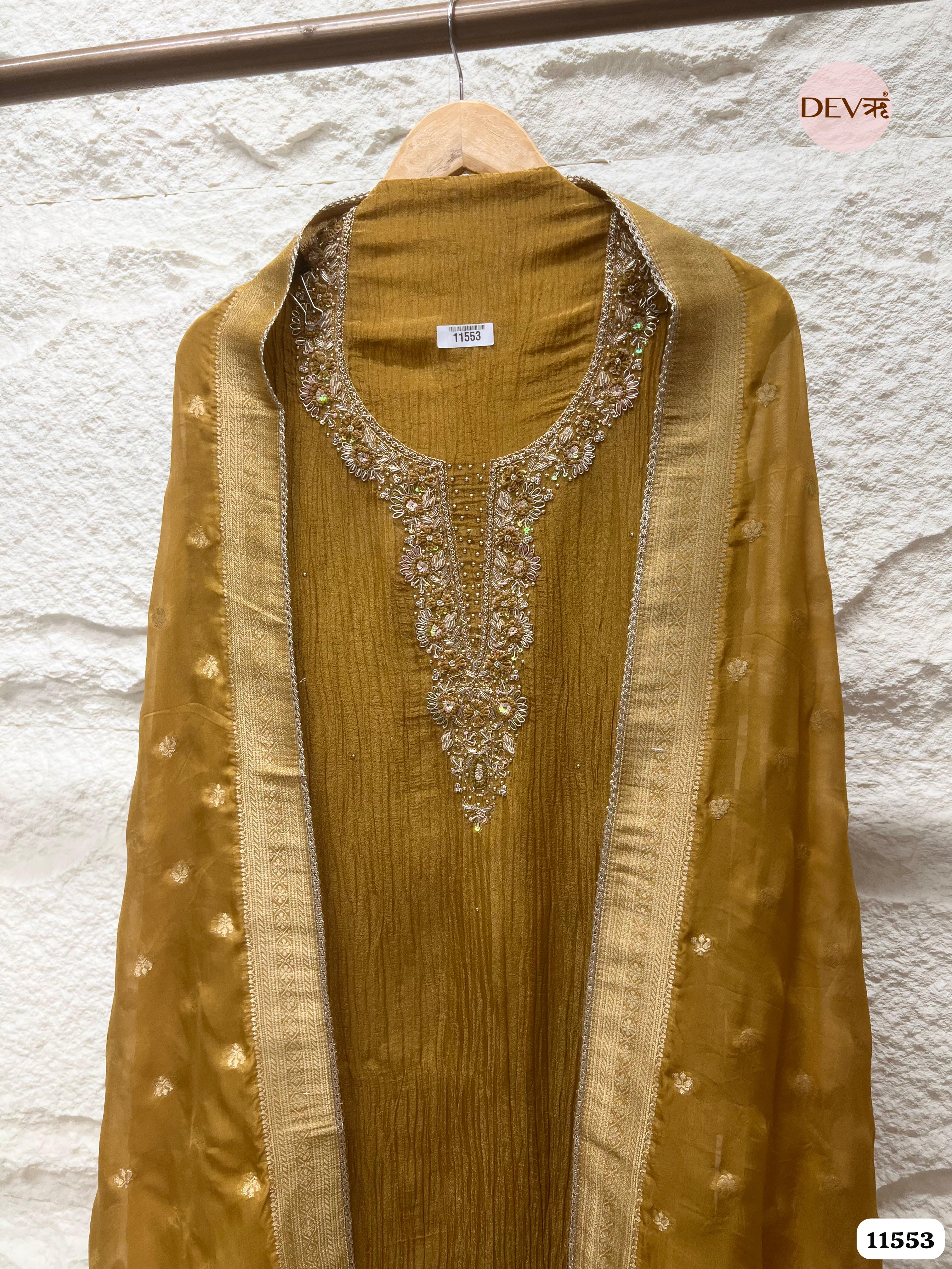 Mustard Yellow Pure Tissue Crush Silk Unstitched Hand Embroidered -Set Of 3 {11553}