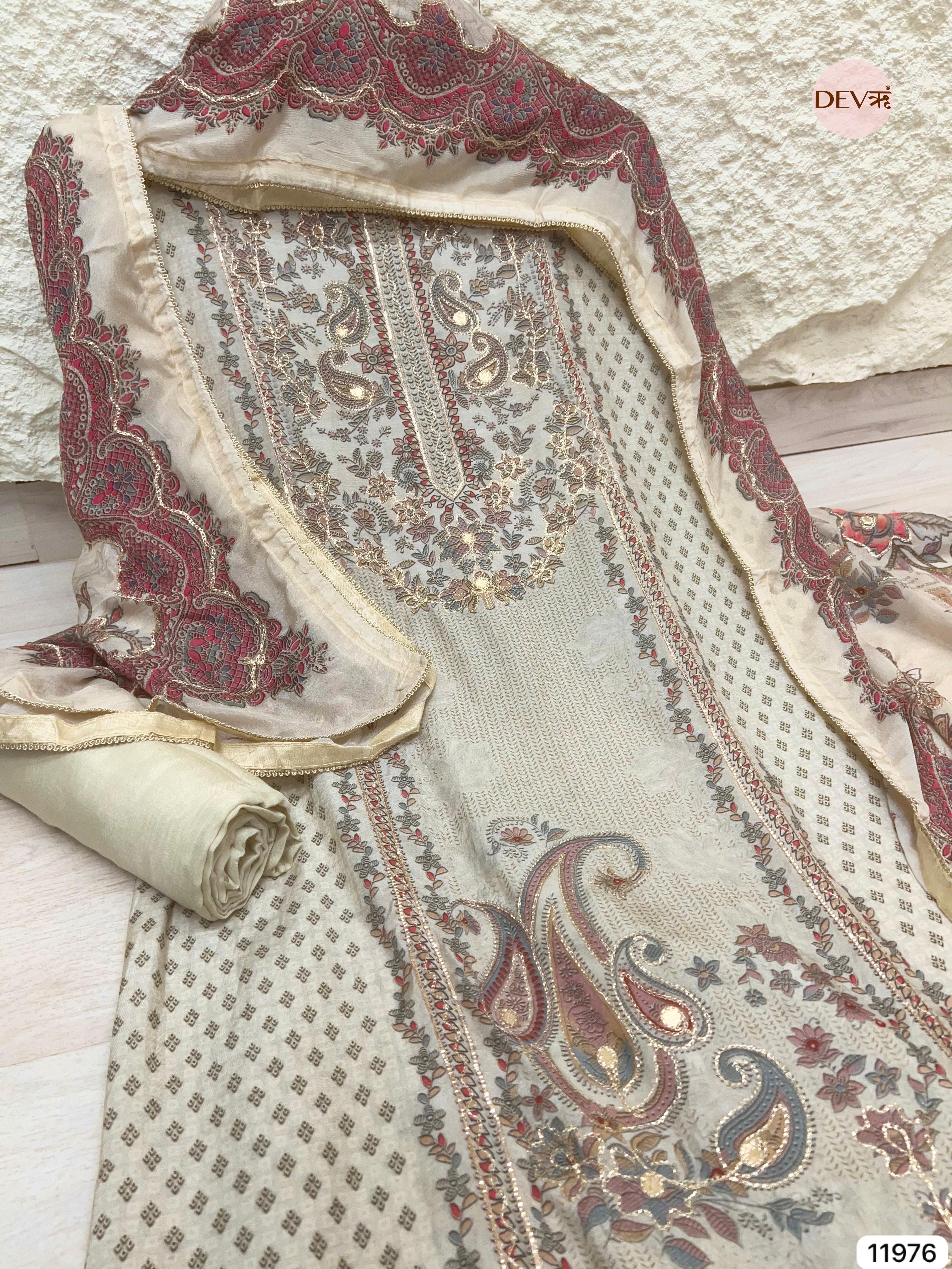 {11976} Beige Pure Muslin Unstitched Printed -Set Of 3