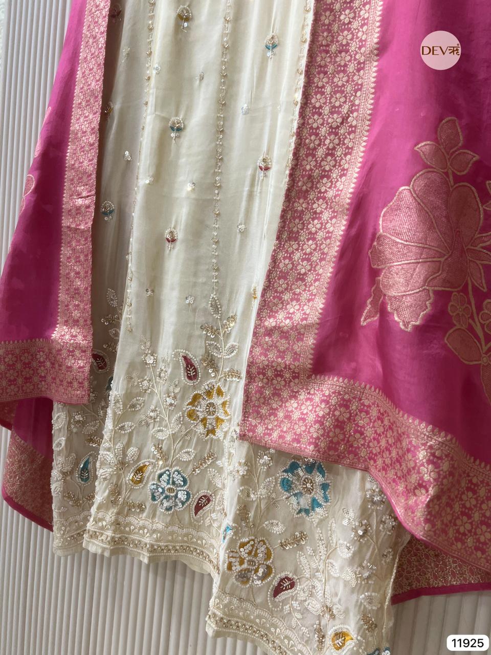 Cream Colour Tissue Shimmer Silk Unstitched Hand Embroidered -Set Of 3 - {11925}