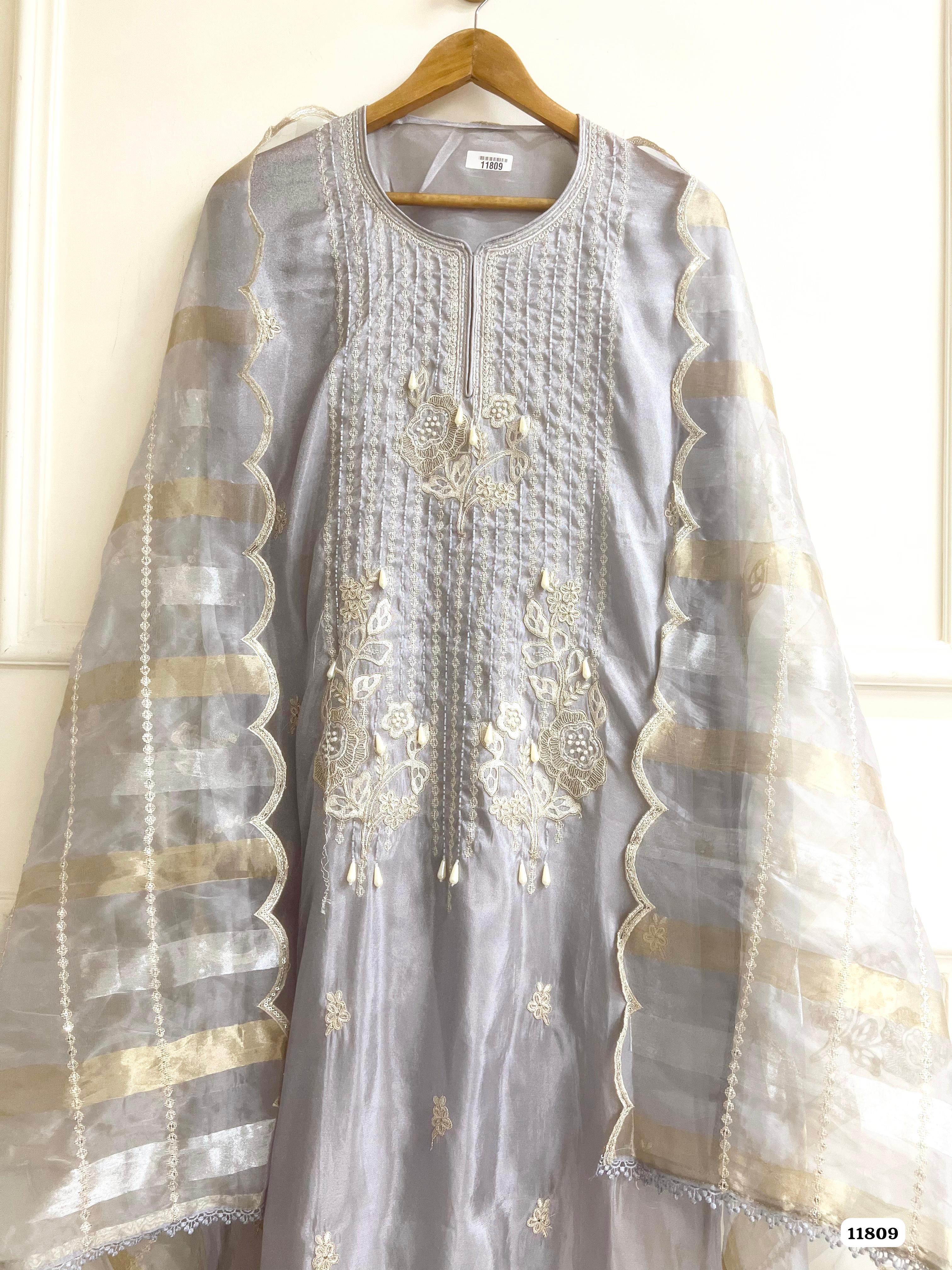 Light Grey Tissue silk unstitched Hand Embroidered -Set Of 3 {11809}