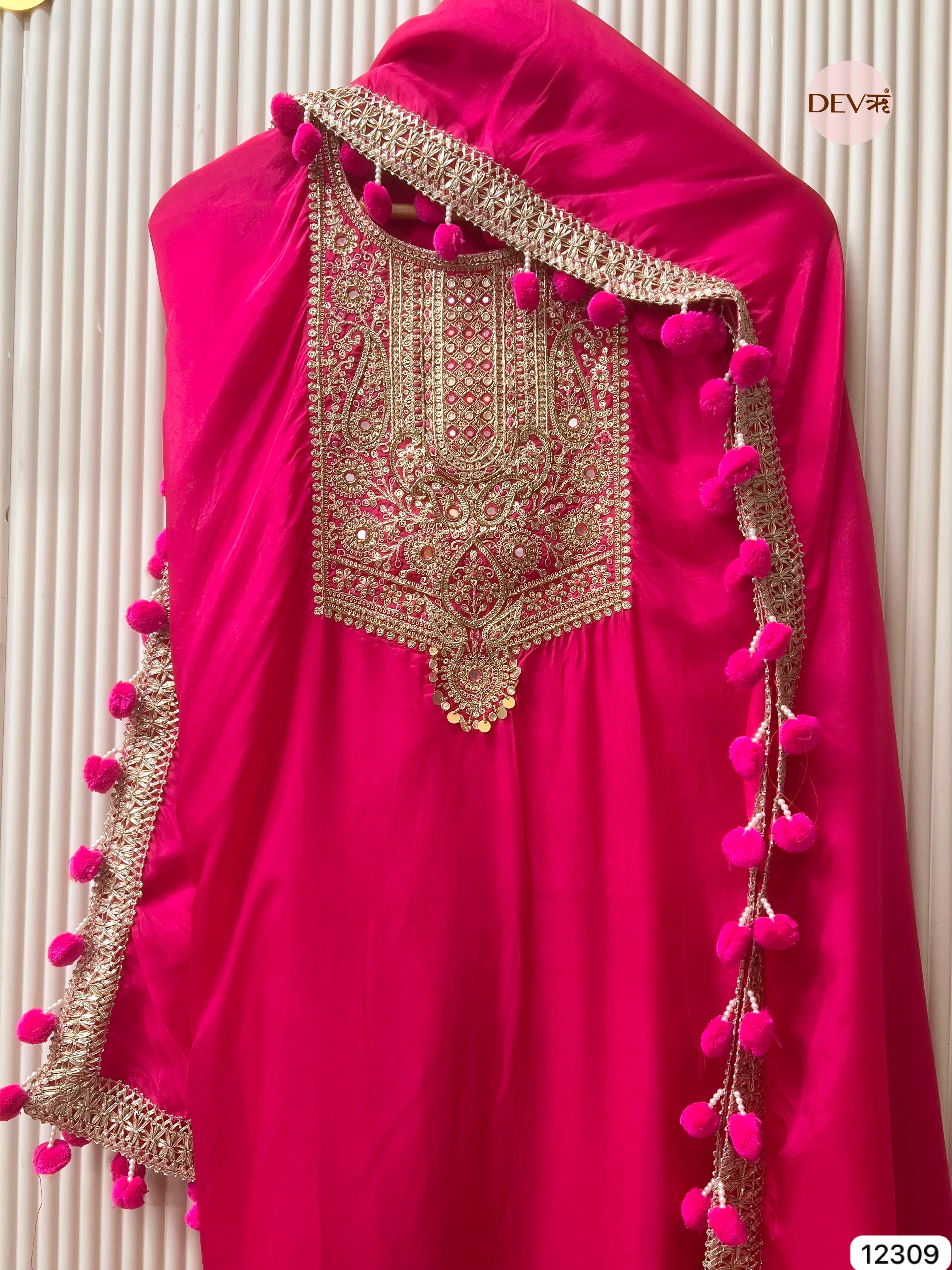 Rani Pink Glass Organza Embroidered Unstitched 3-Piece Suit (Devri – D.No 12309)