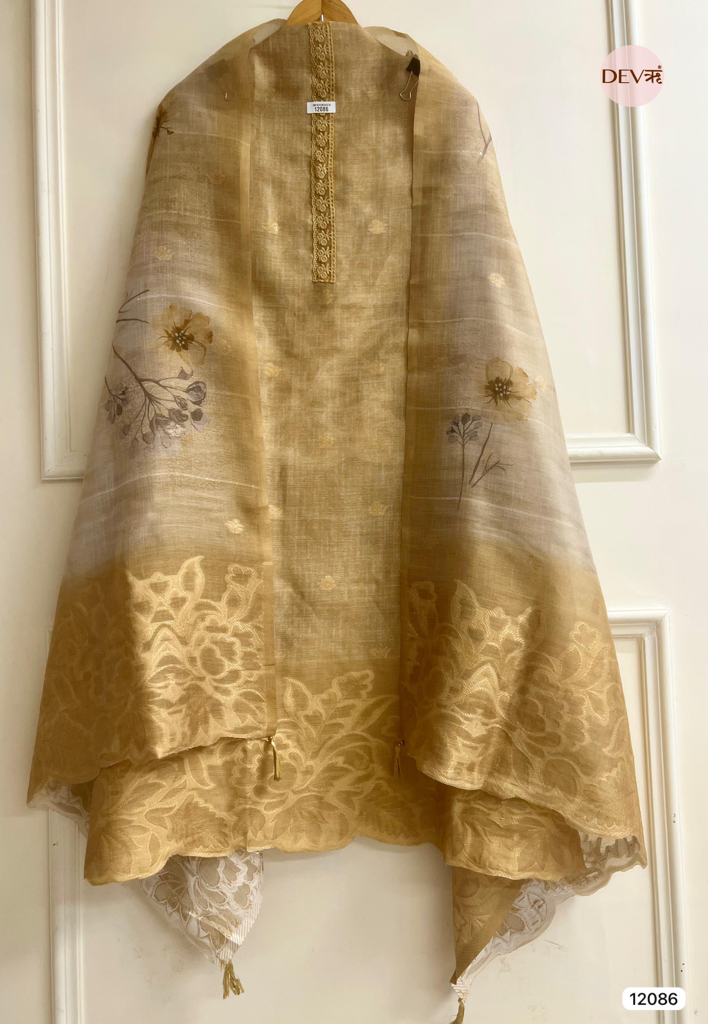 Golden Pure Raw Unstitched Silk Thread Woven Embroidered -Set Of 3 - {12086}