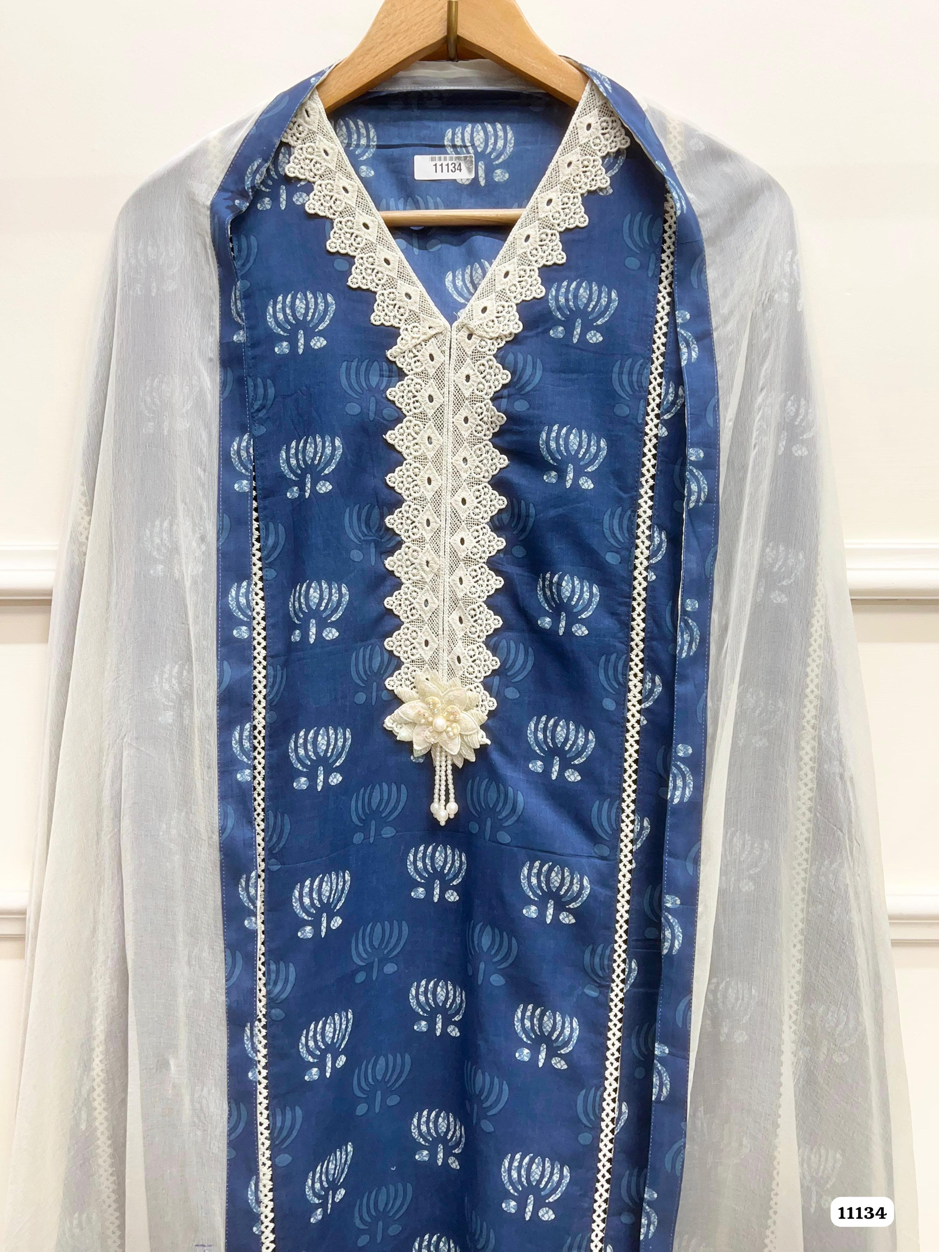 Blue Cotton Unstitched Printed Embroidered -Set for 3 {11134}