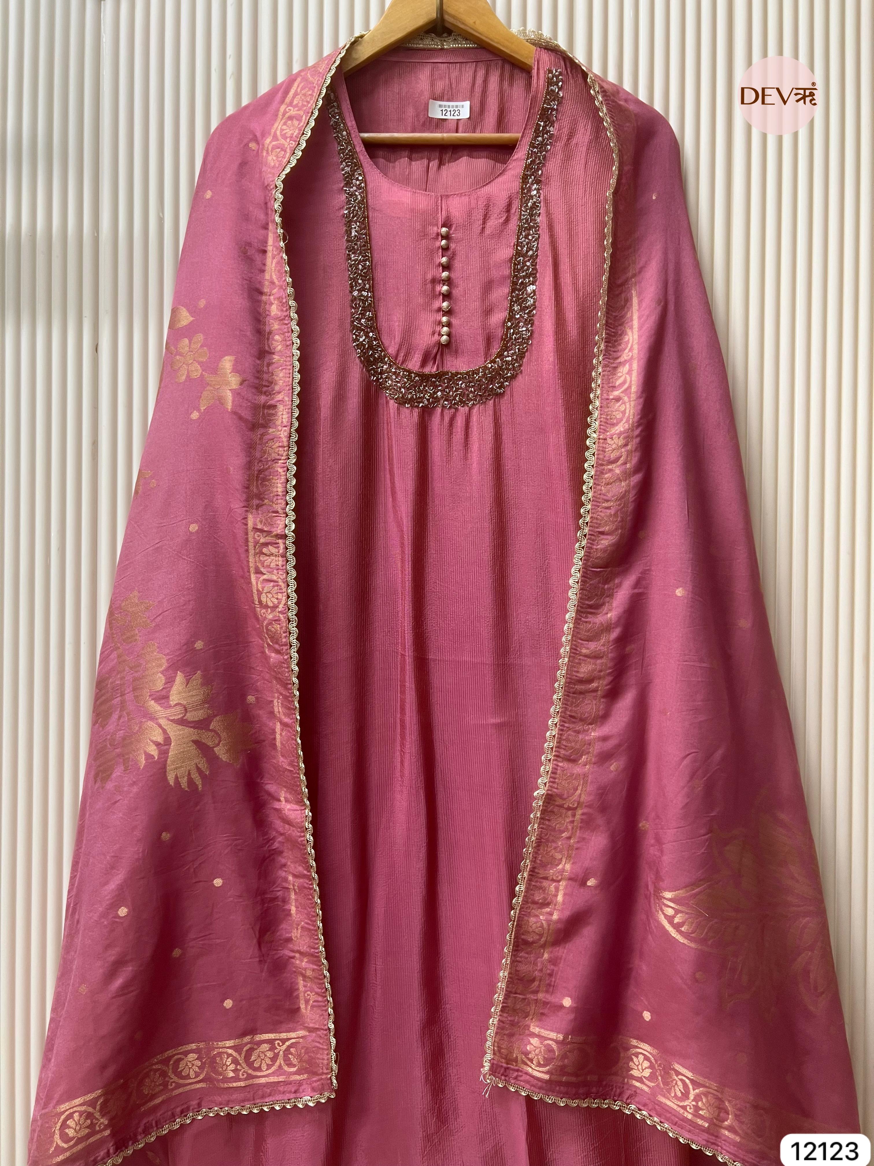 Pink Shimmer Silk Unstitched Hand Embroidered -Set Of 3 - {12123}