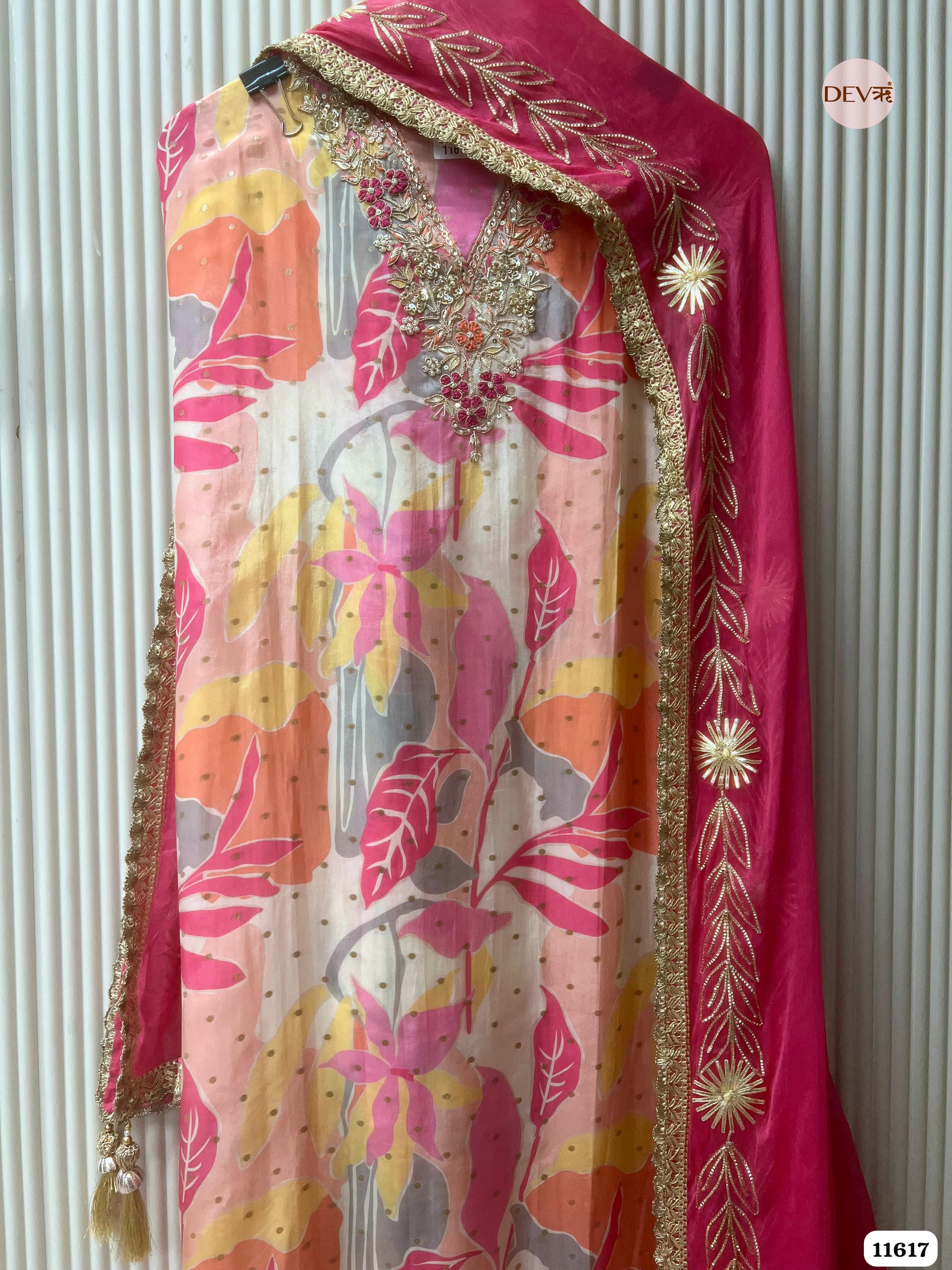 Pink Pure Silk Unstitched Printed Hand Embroidered -Set Of 3 {11617}