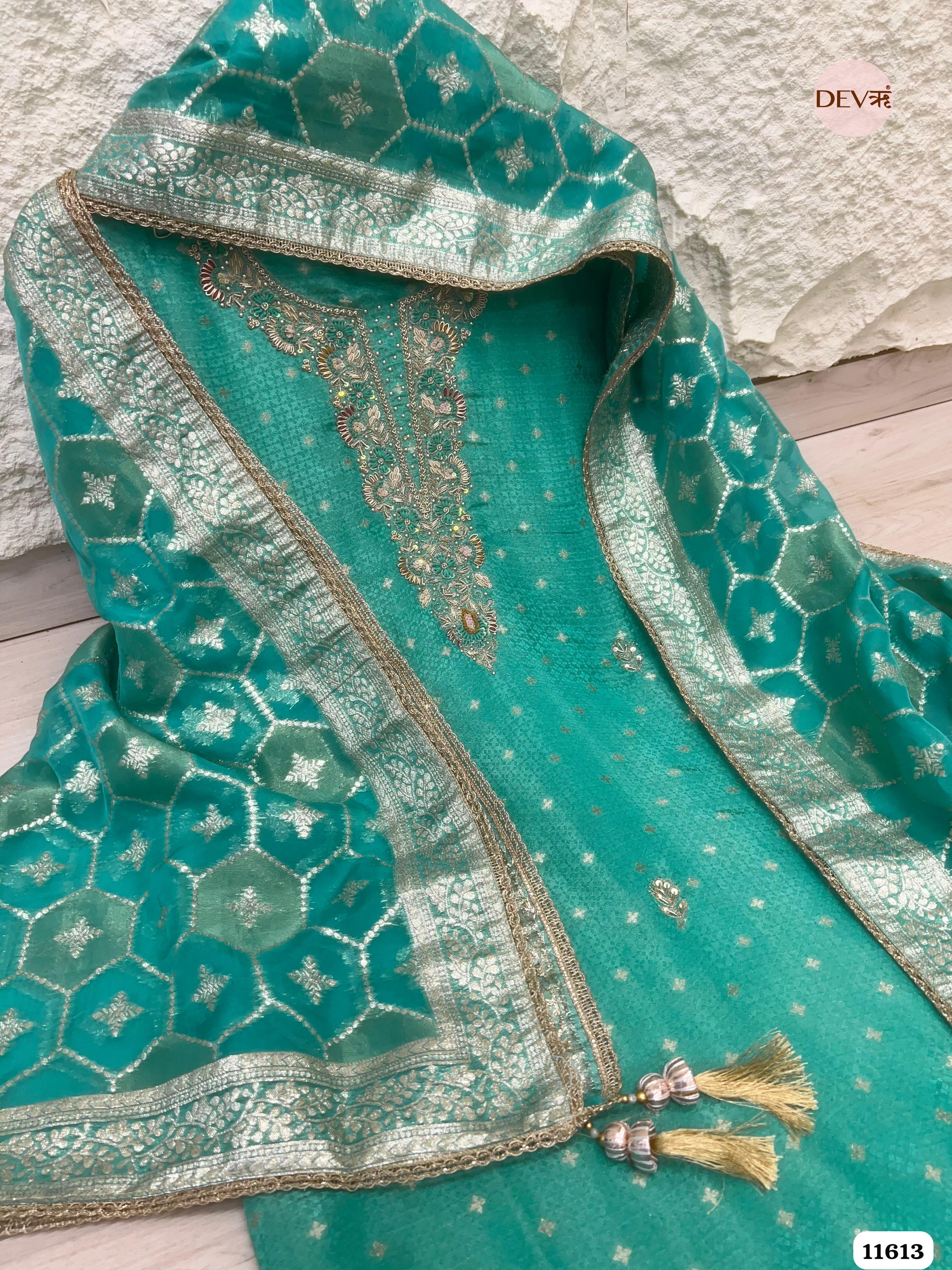 Green Pure Tissue Banarasi Silk Unstitched Hand Embroidered -Set Of 3 {11613}