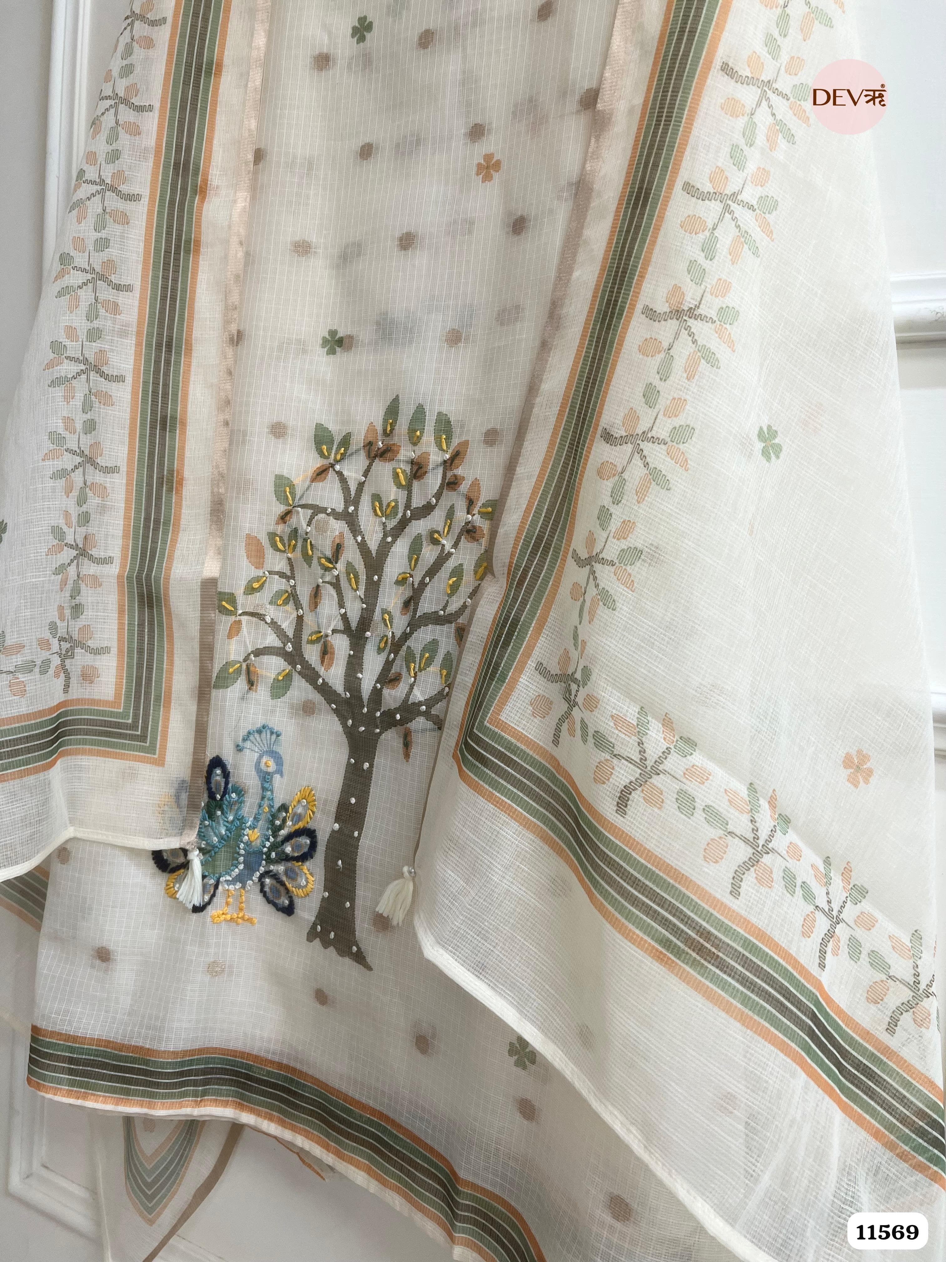 Off White Kota Silk Unstitched Printed Hand Embroidered -Set Of 3 {11569}