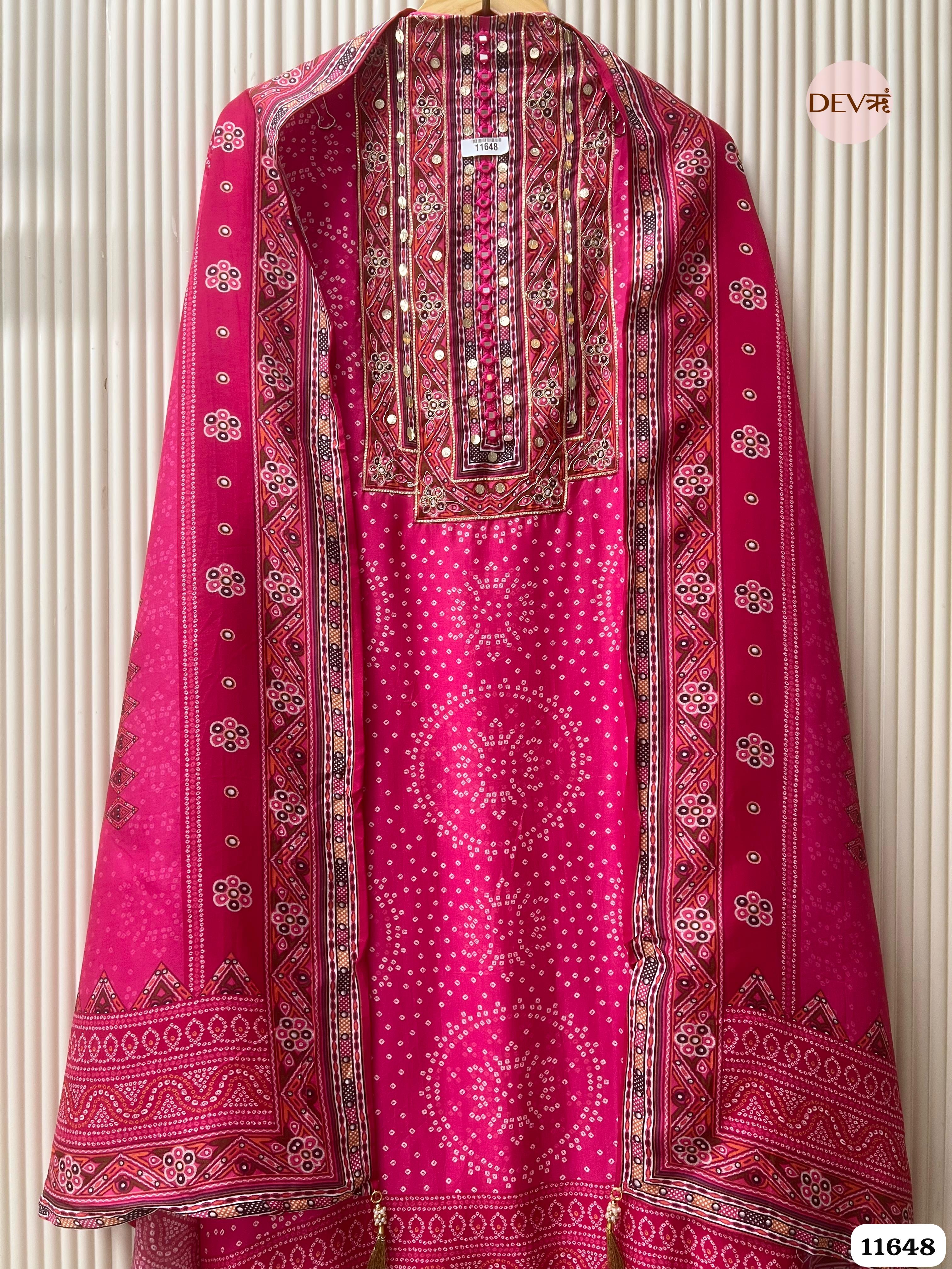 Pink Russian Silk Printed Unstitched Hand Embroidered -Set Of 3 {11648}