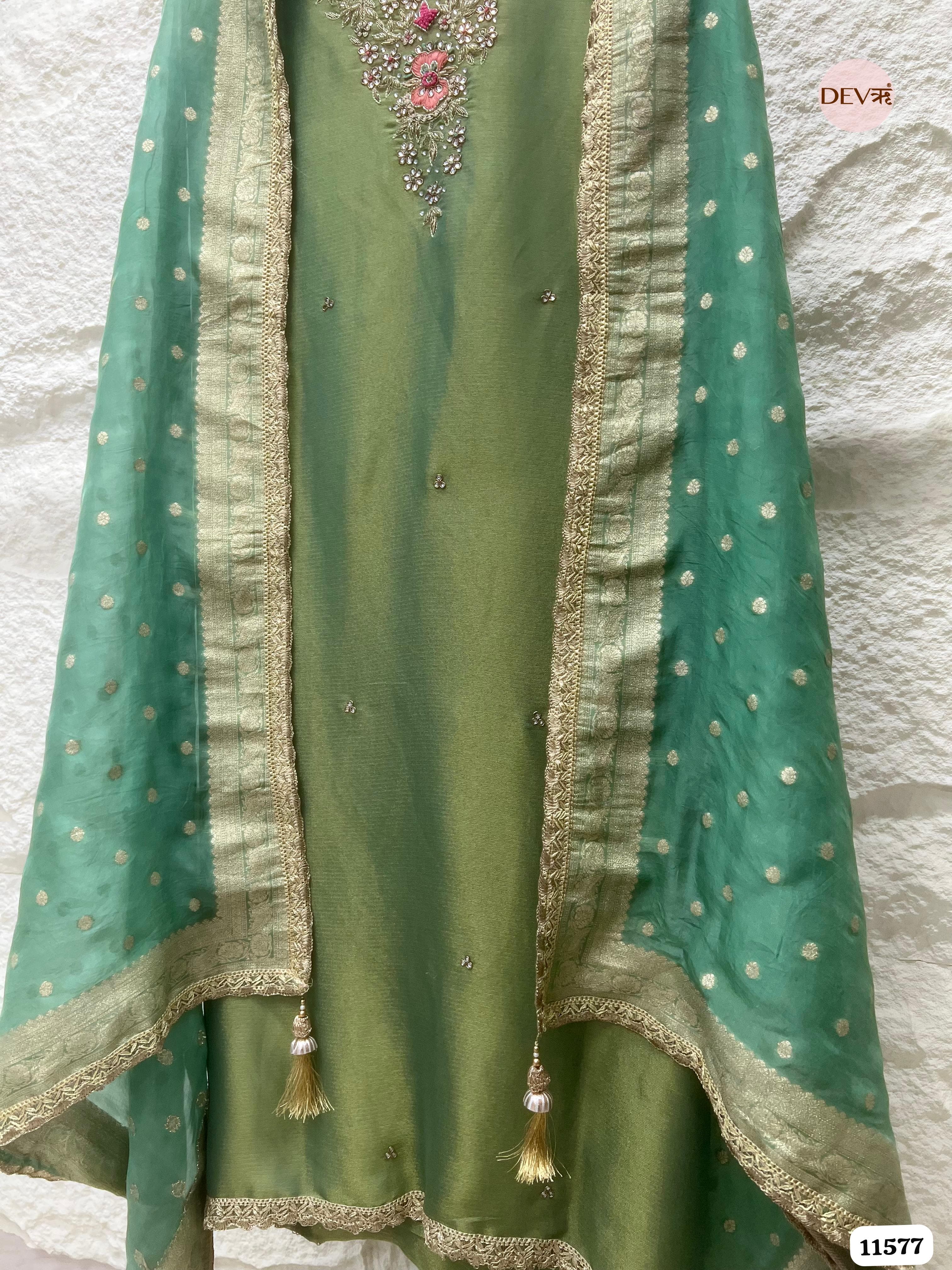 Green Pure Tissue Silk Unstitched Hand Embroidered -Set Of 3 {11577}