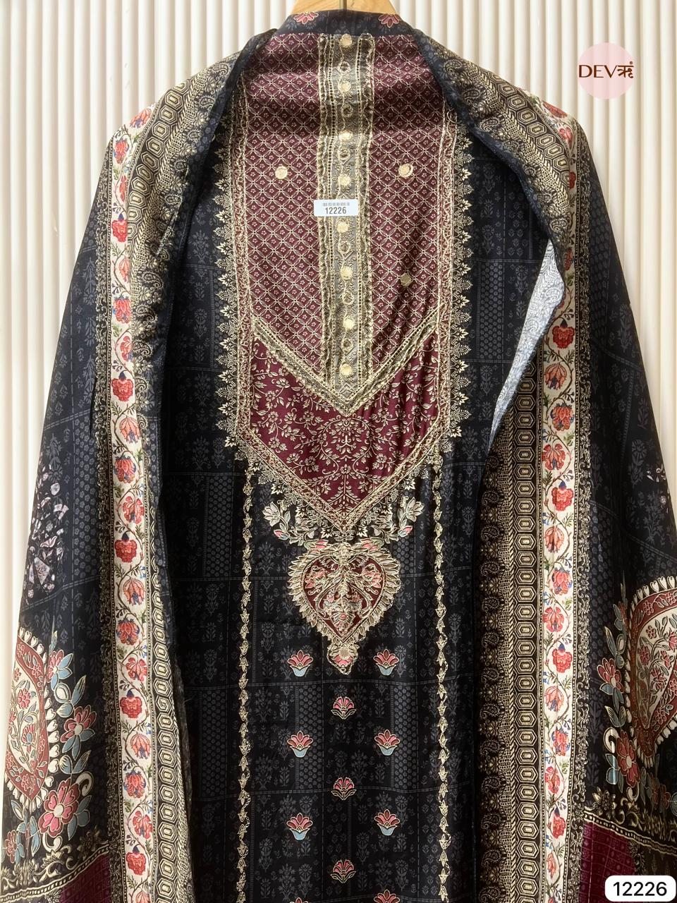 Black Pure Muslin Printed Unstitched 3-Piece Suit (Devri – D.No 12226)