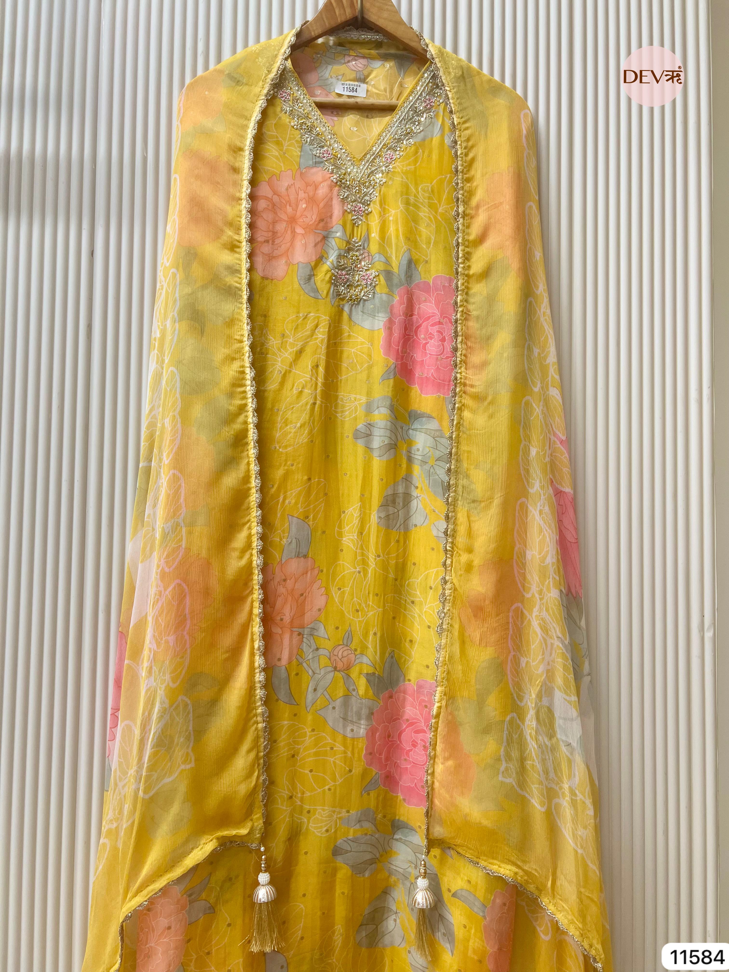 Sunlit Yellow Glass Organza Floral Unstitched 3-Piece Suit (Devri – D.No 11584)