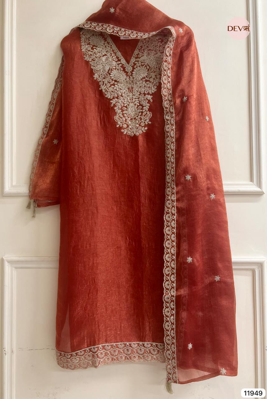 Rust Crush Tissue Embroidered Unstitched 3-Piece Suit (Devri – D.No 11949)