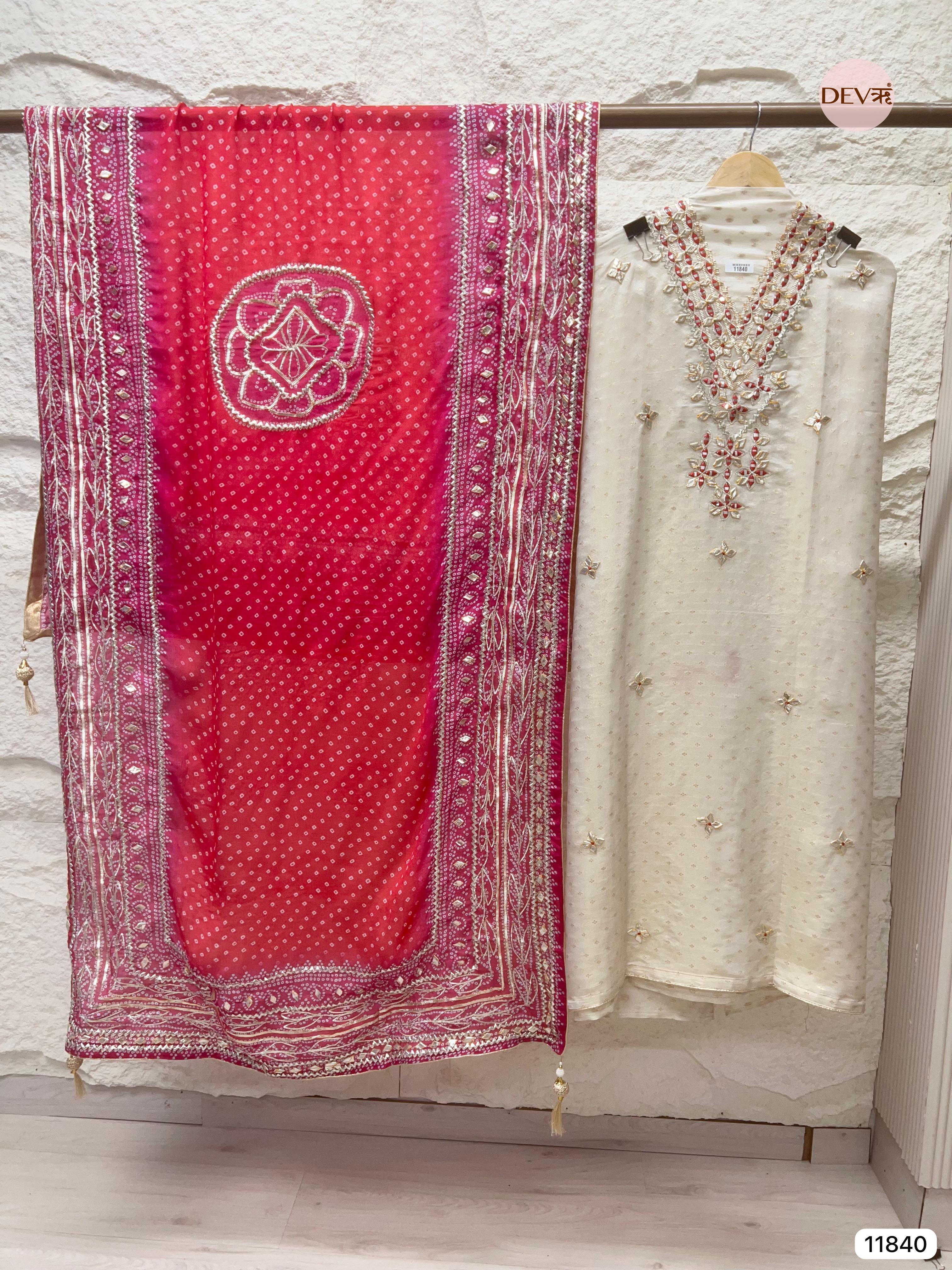 Cream Colour Pure Tissue Crush Silk Unstitched Hand Embroidered -Set Of 3 - {11840}