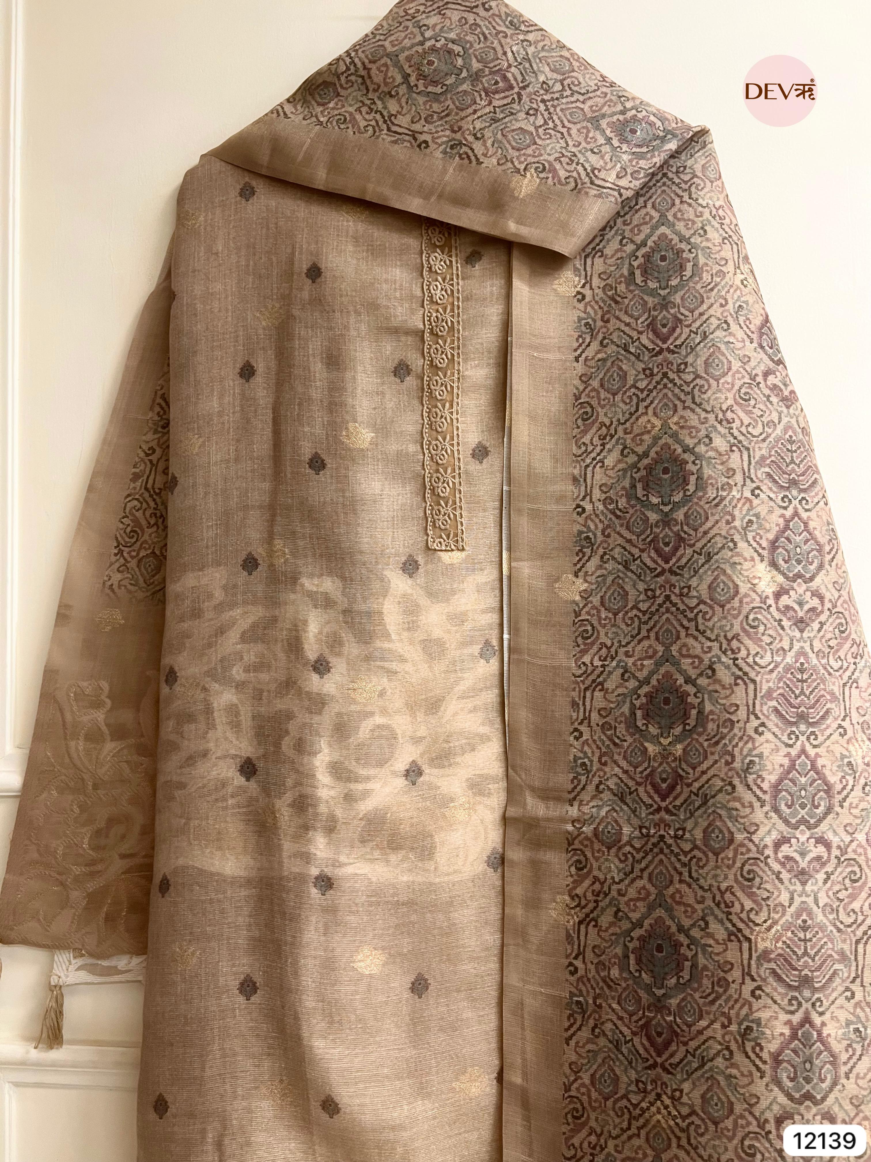 Beige Pure Jamdhani Silk Unstitched Woven Embroidered -Set Of 3 - {12139}