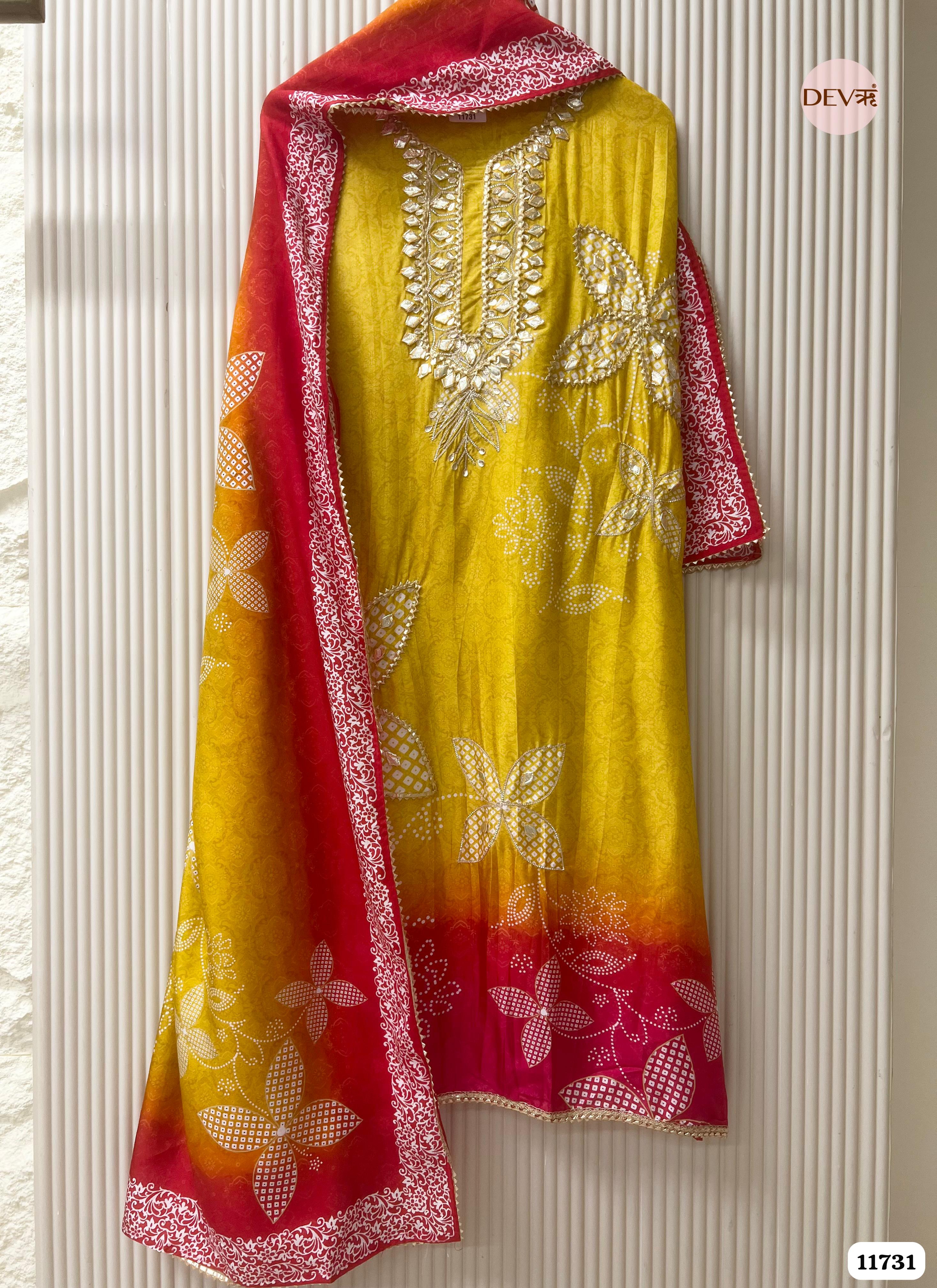 Yellow Russian Silk Semi Stitched Printed Hand Embroidered -Set Of 3- {11731}