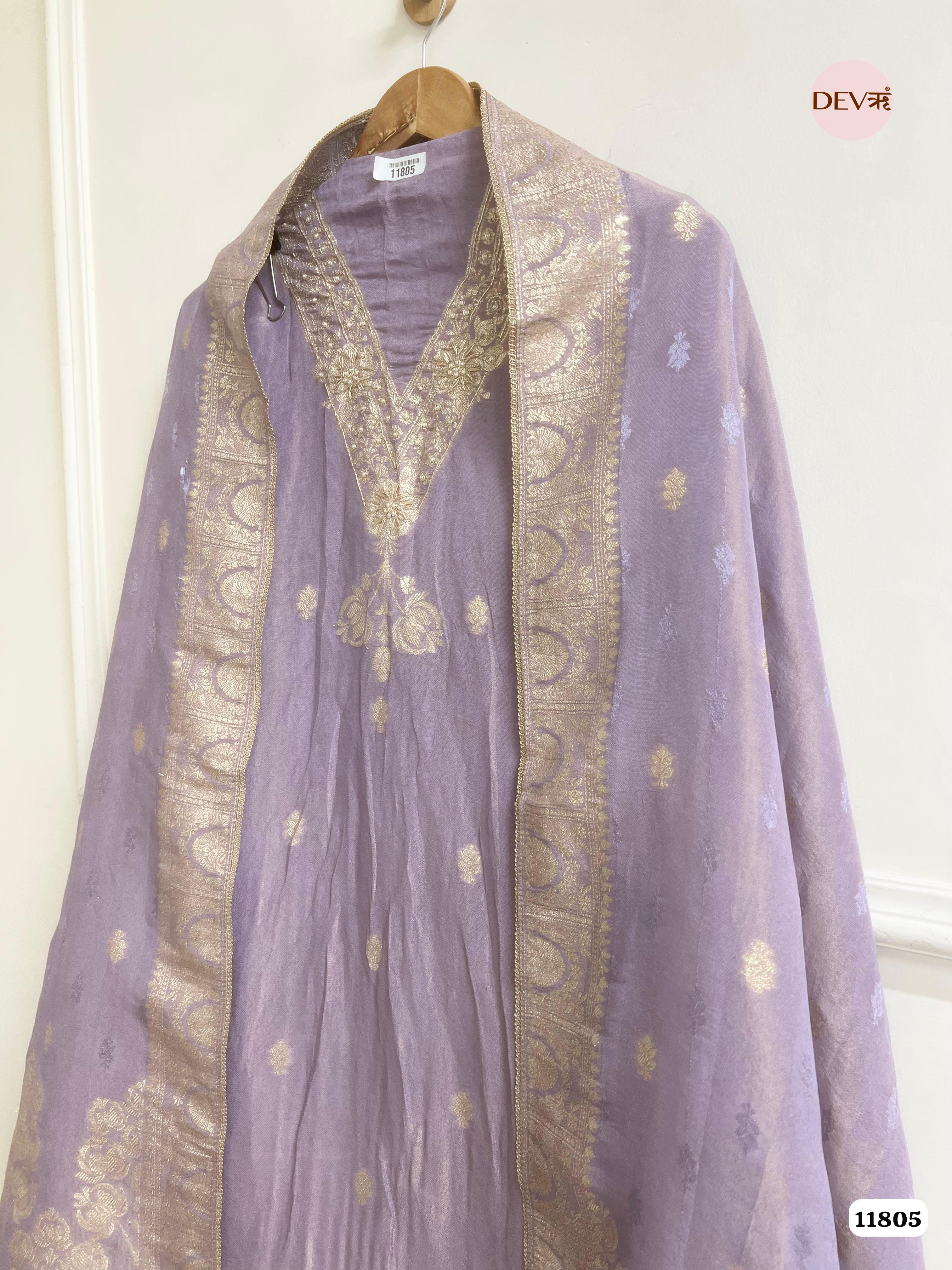 Purple Tissue Silk Unstitched Banarasi Weave Hand Embroidered -Set Of 3 {11805}