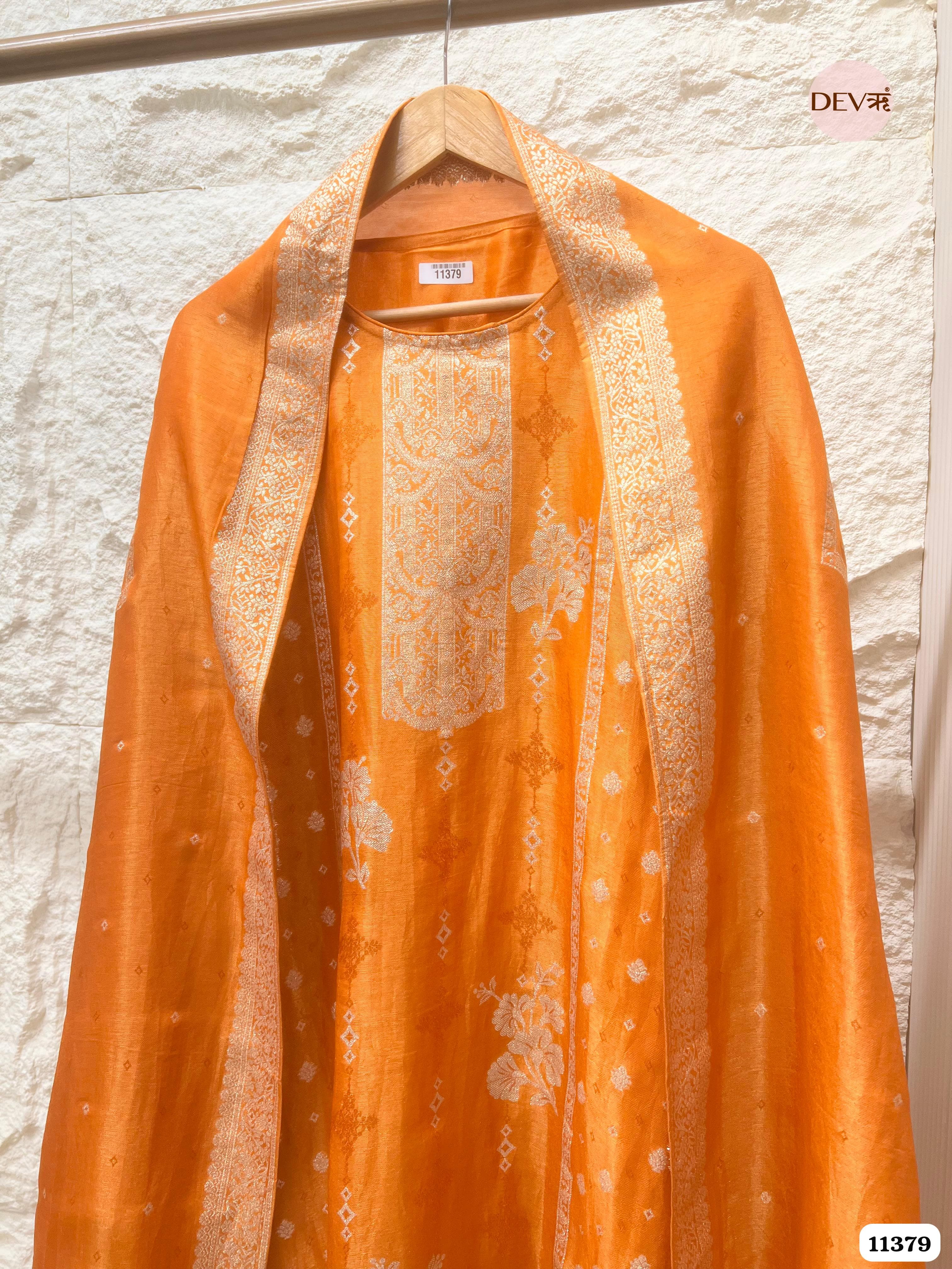 Orange Tissue Silk Unstitched Woven - Set of 3 {11379}