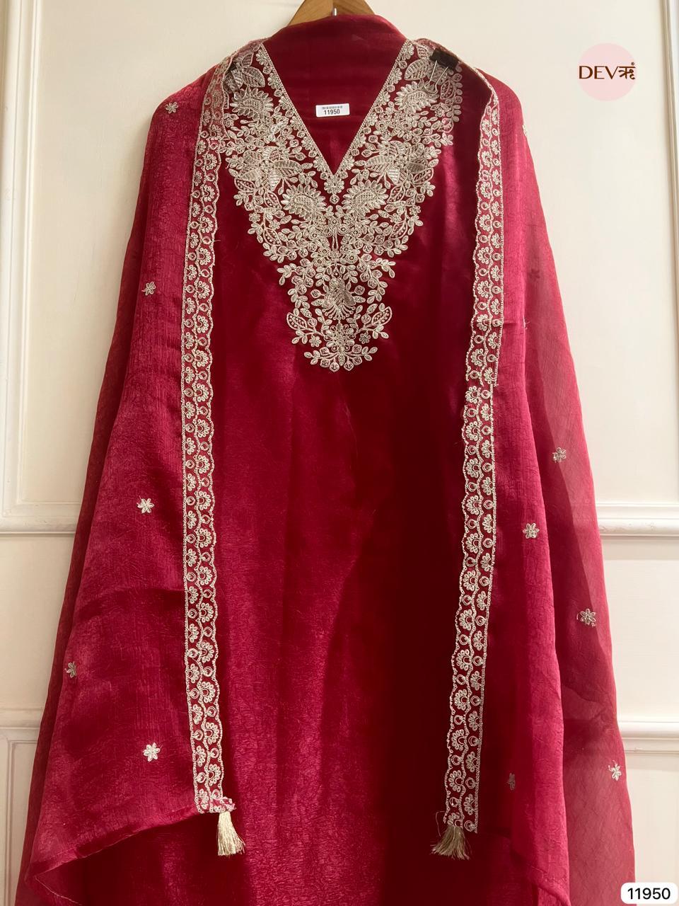 Maroon Crush Tissue Embroidered Unstitched 3-Piece Suit (Devri – D.No 11950)