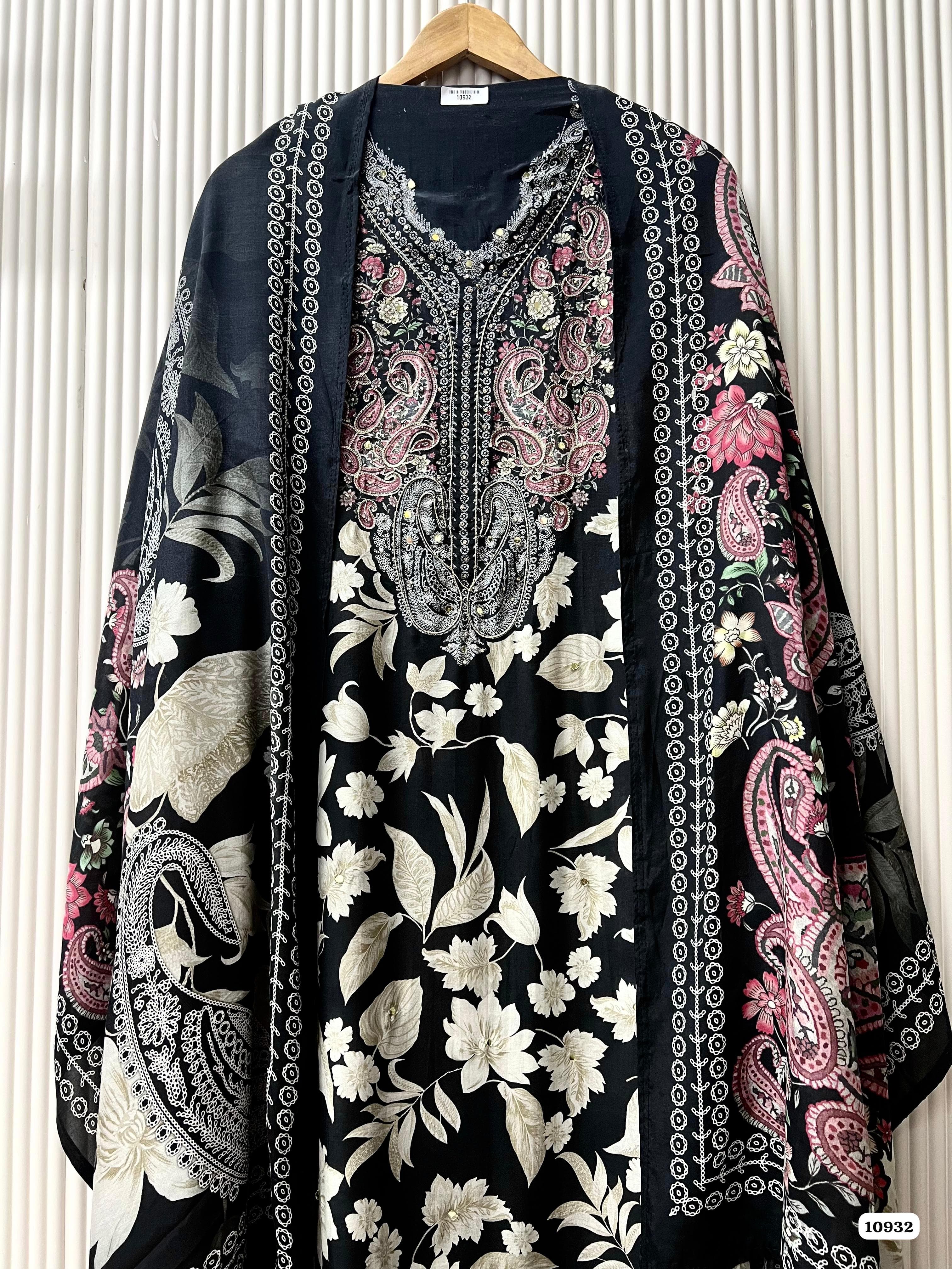 Black Muslin Printed Semi Stitched Hand Embroidered -Set Of 3