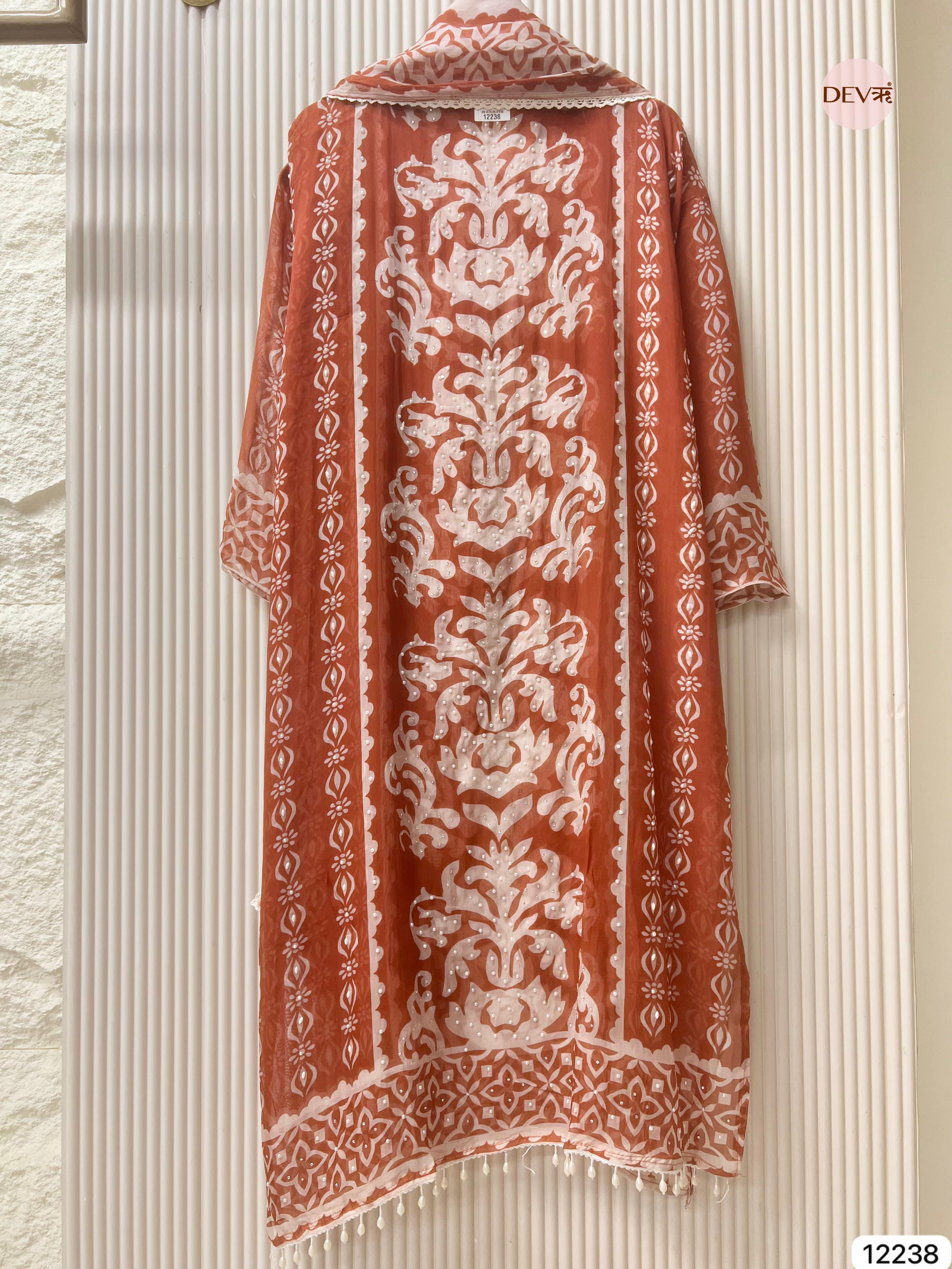 Rust Organza Printed Unstitched 3-Piece Suit (Devri – D.No 12238)