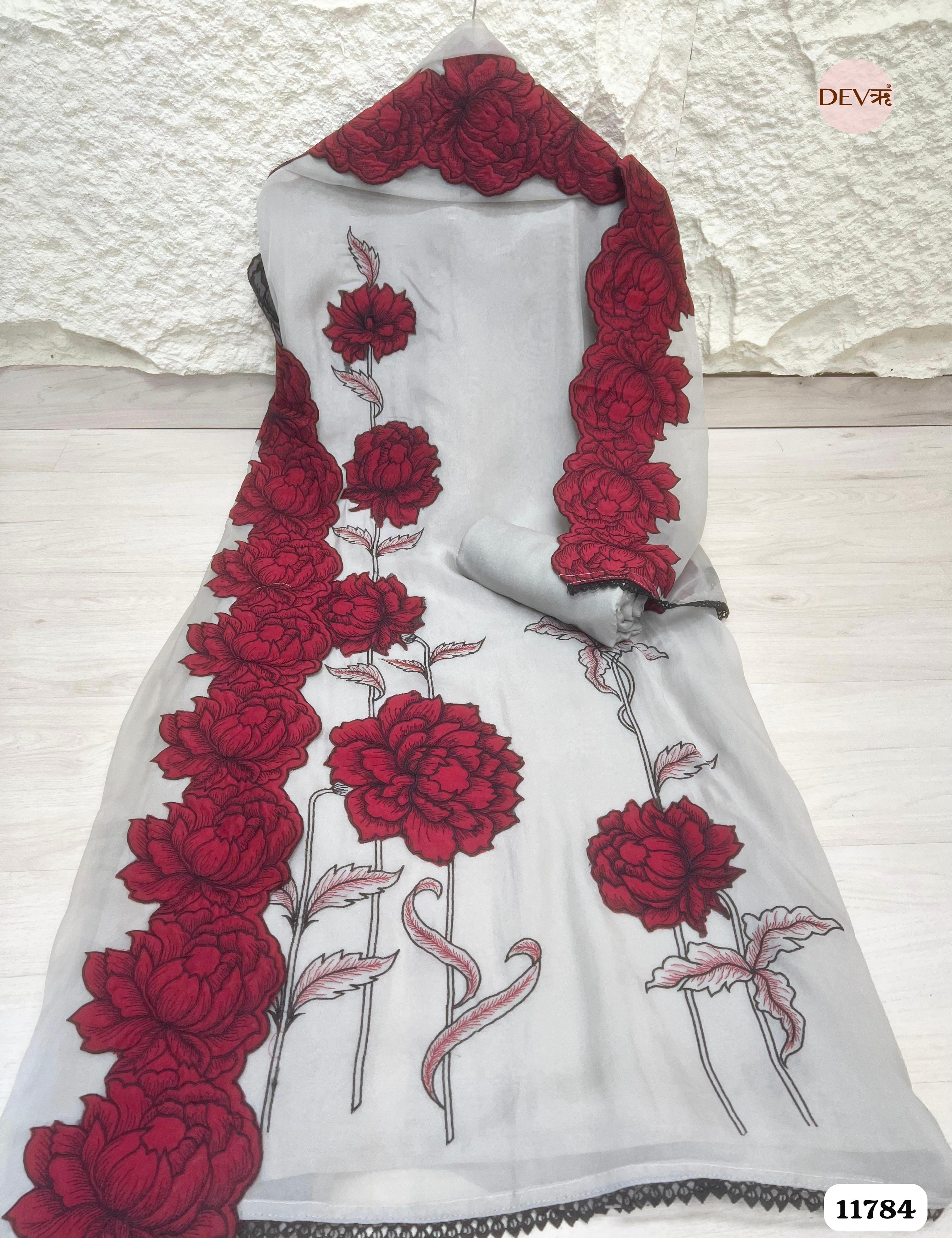 Grey Organza Unstitched Embroidered -Set Of 3 {11784}