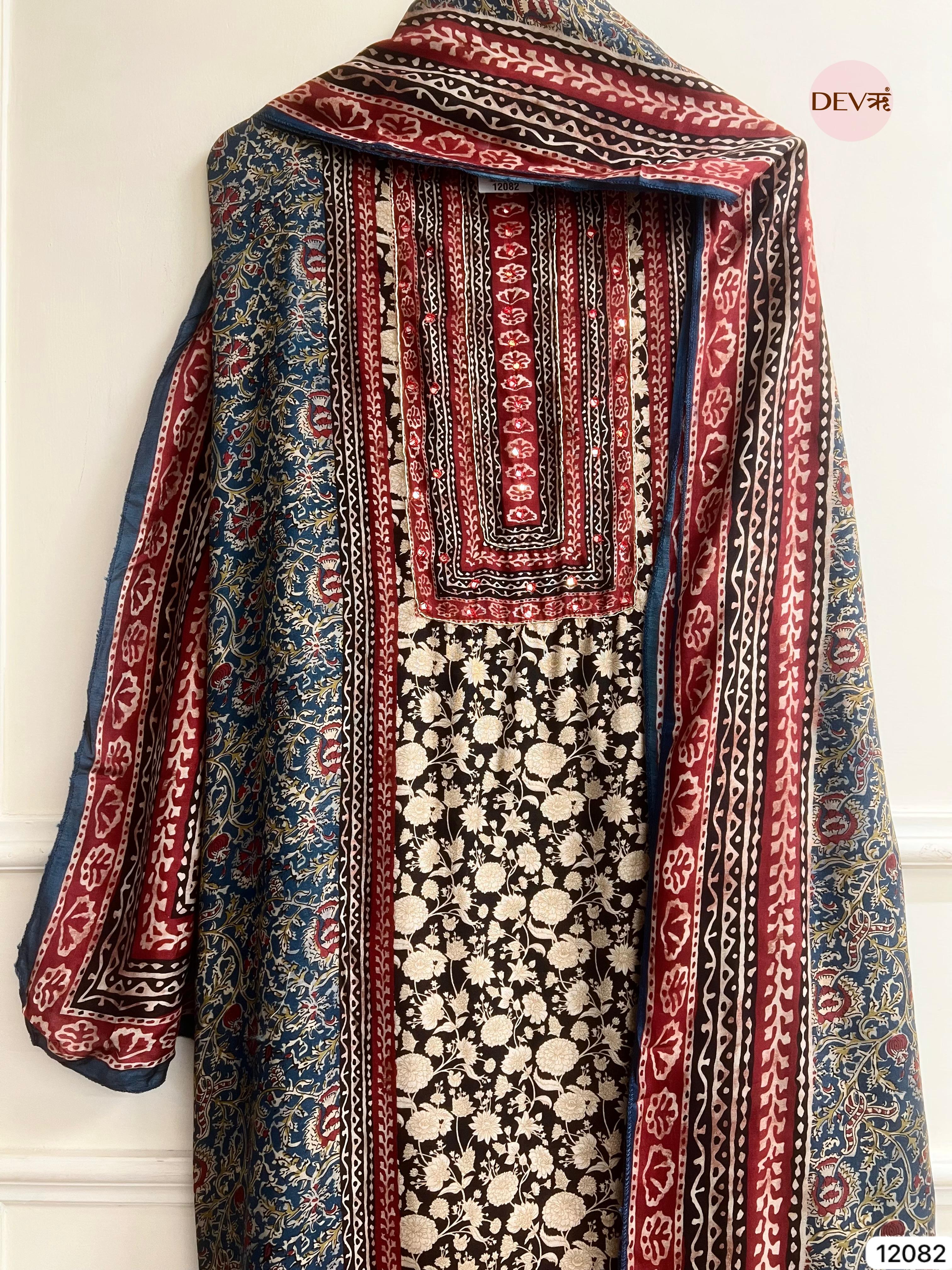 Multi colour Pure Muslin Unstitched Printed Embroidered -Set Of 3 - {12082}