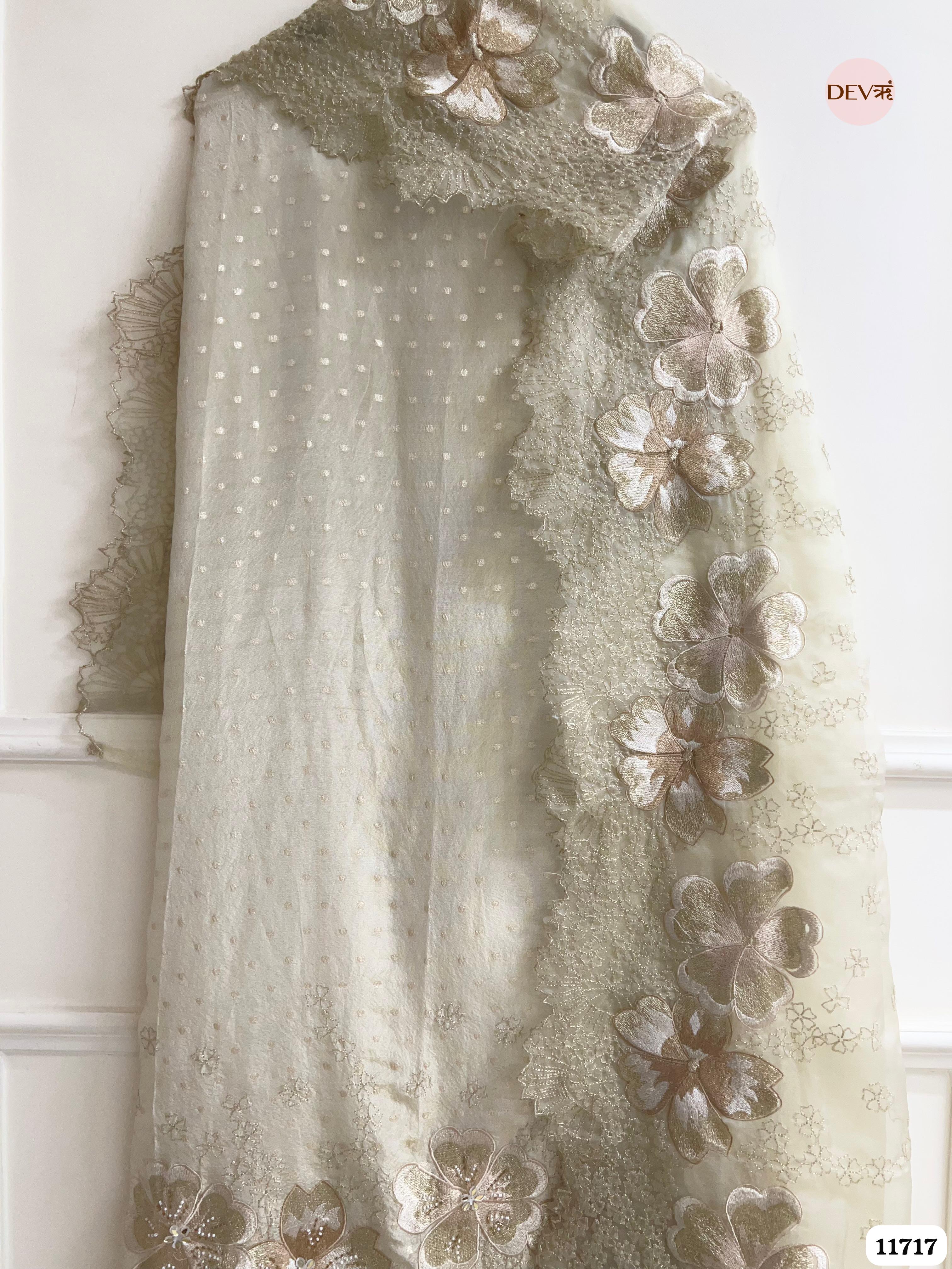Off White Tissue Shimmer Silk Unstitched Embroidered -Set Of 3- {11717}