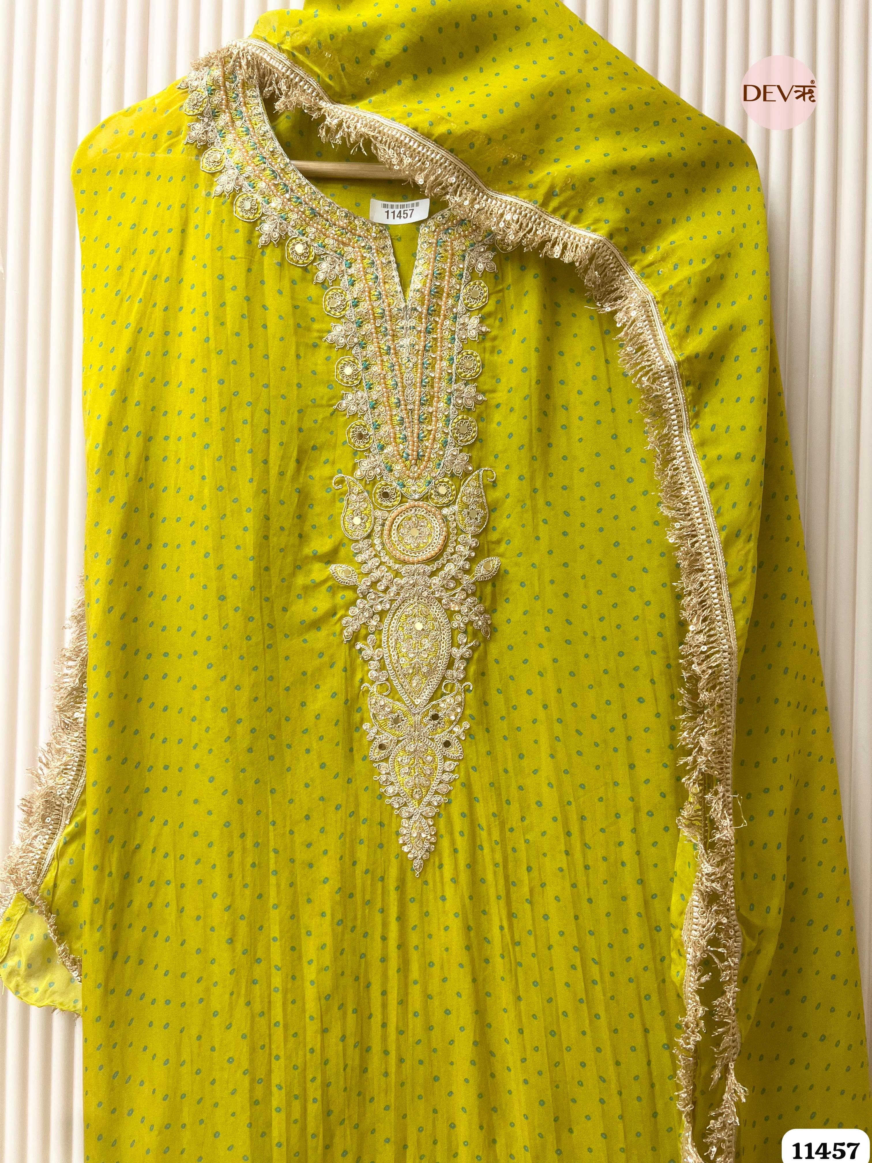 Green Pure Organza Printed Hand Embroidered -Set Of 3 {11457}