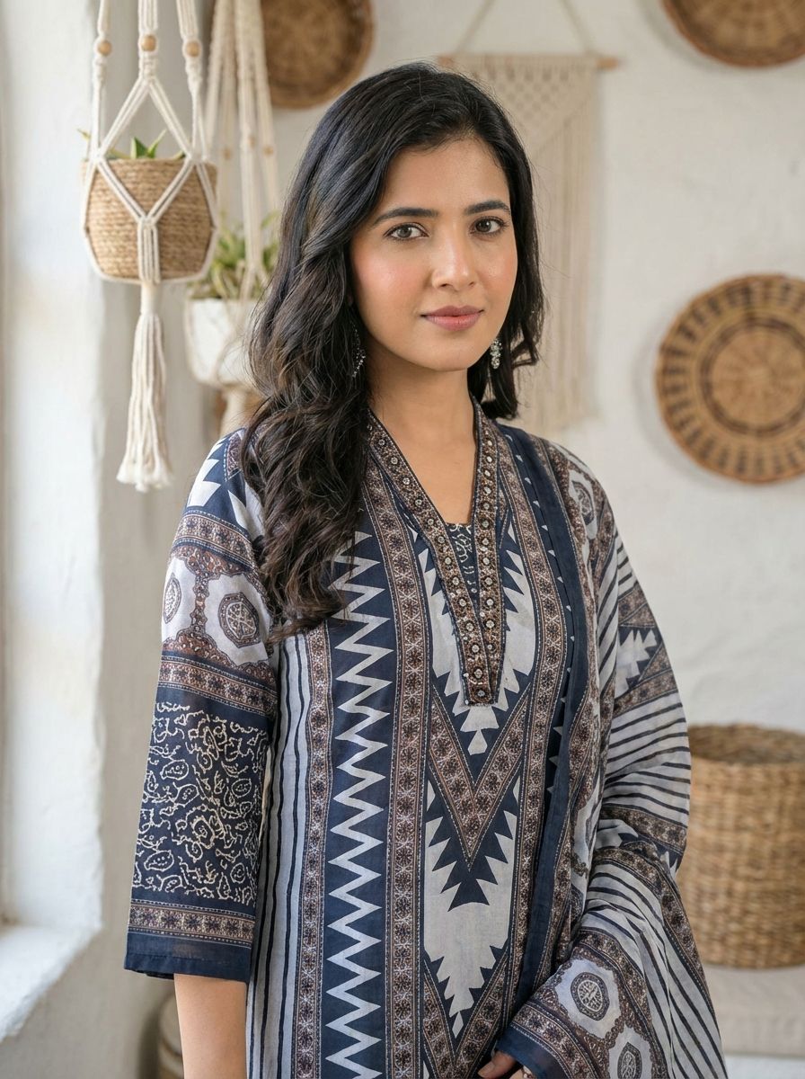 Aarunya Muslin Printed Blue 3-Piece Set (Devri – D.No 2036)