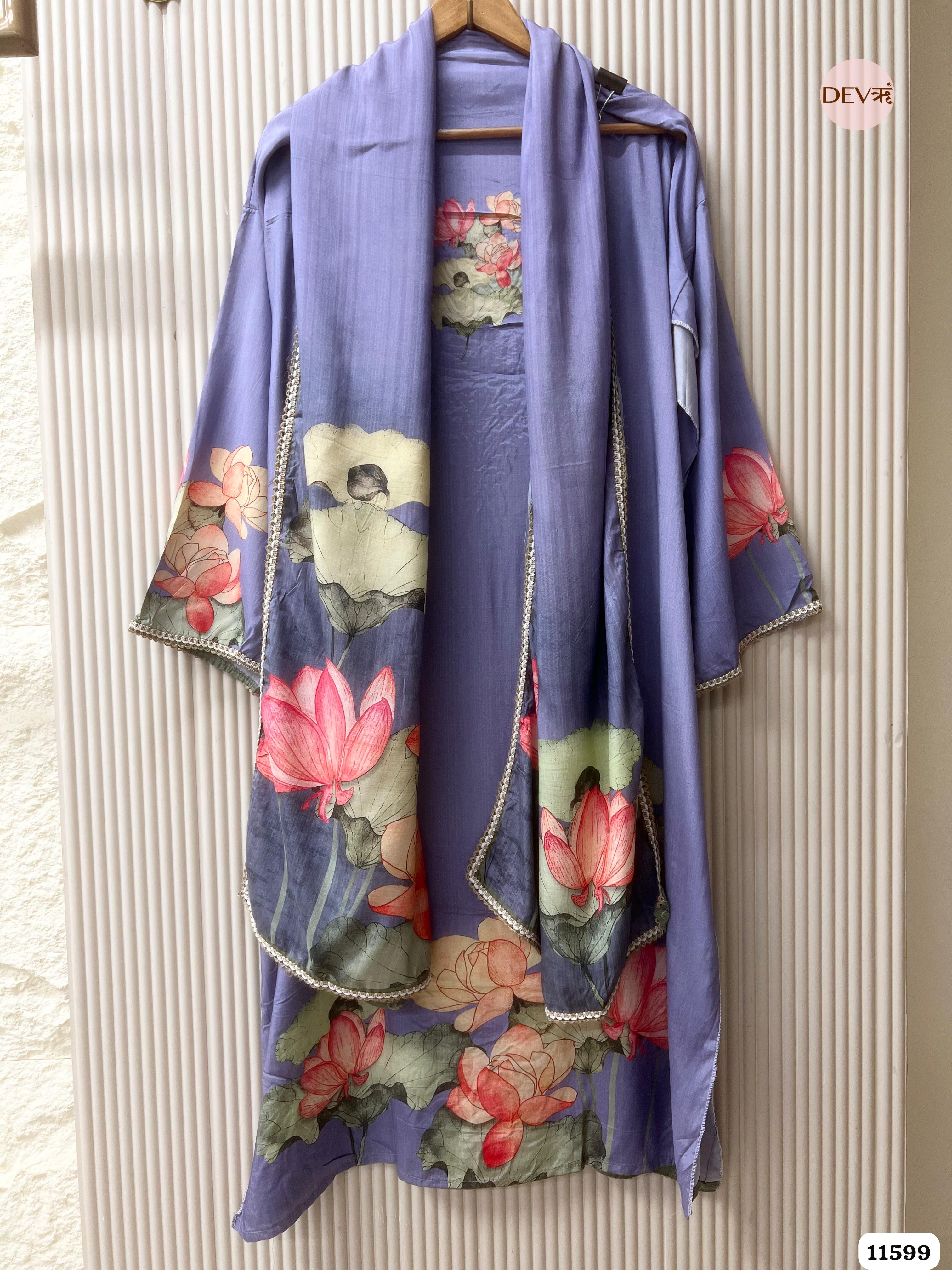 Purple Muslin Semi Stitched Embroidered Printed -Set Of 3 {11599}