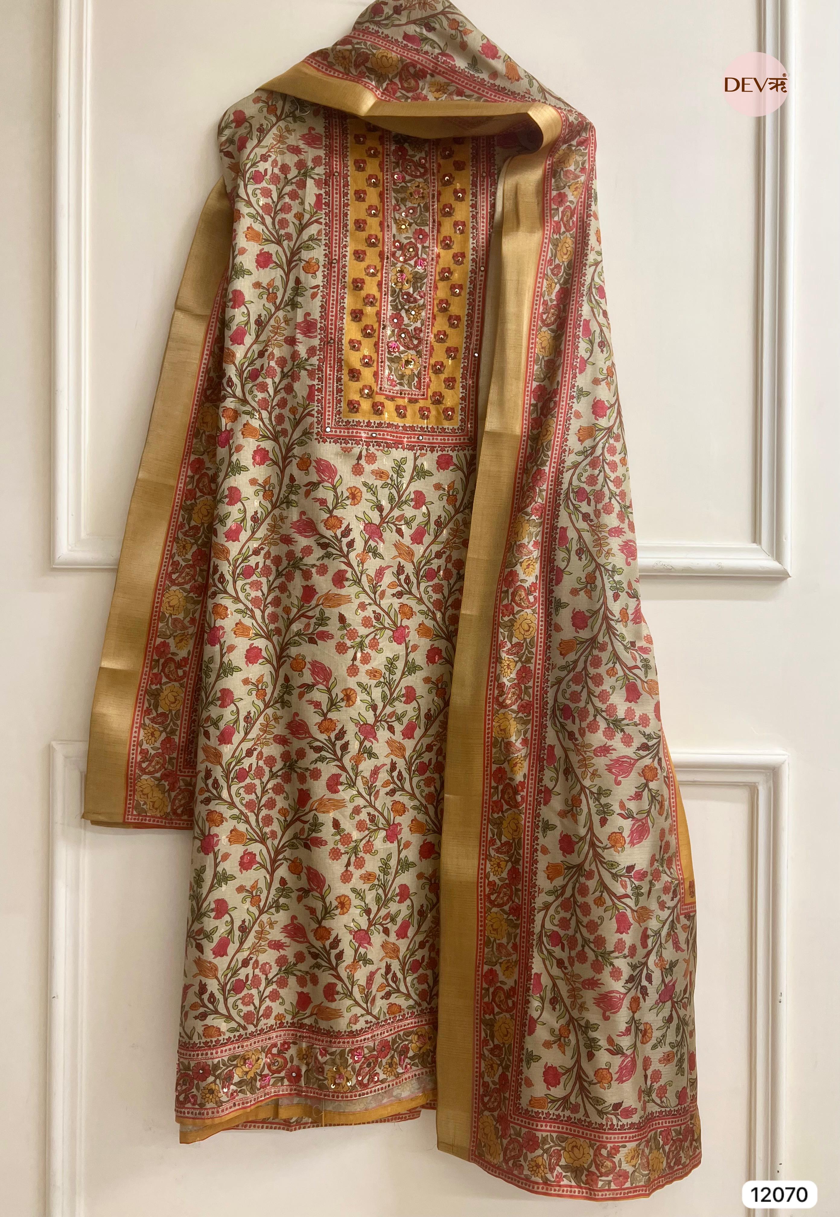 Multi colour Tissue Khadi Silk Printed Unstitched Hand Embroidered -Set Of 3 - {12070}