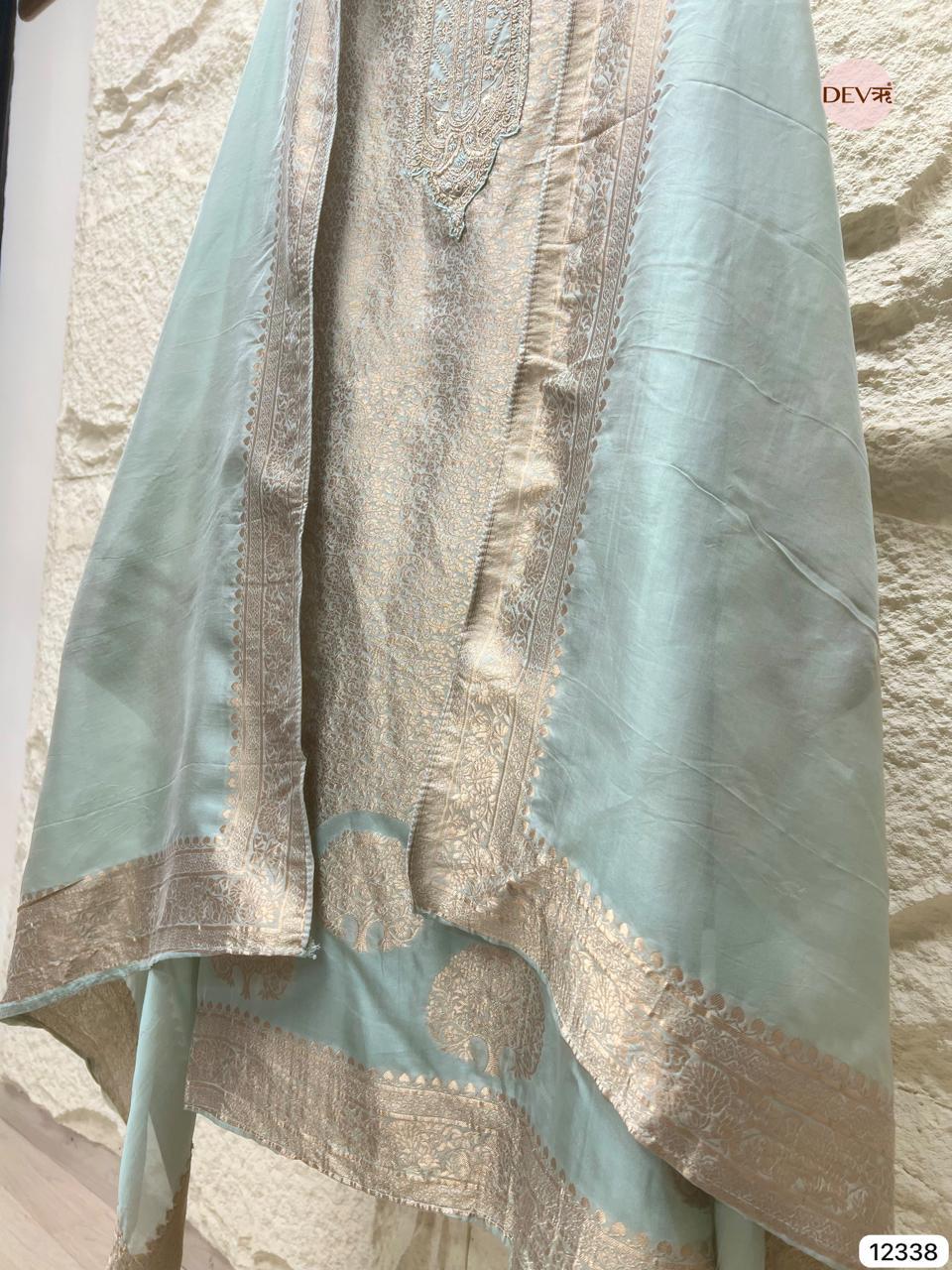Powder Blue Pure Banarasi Silk Embroidered Unstitched 3-Piece Suit (Devri – D.No 12338)
