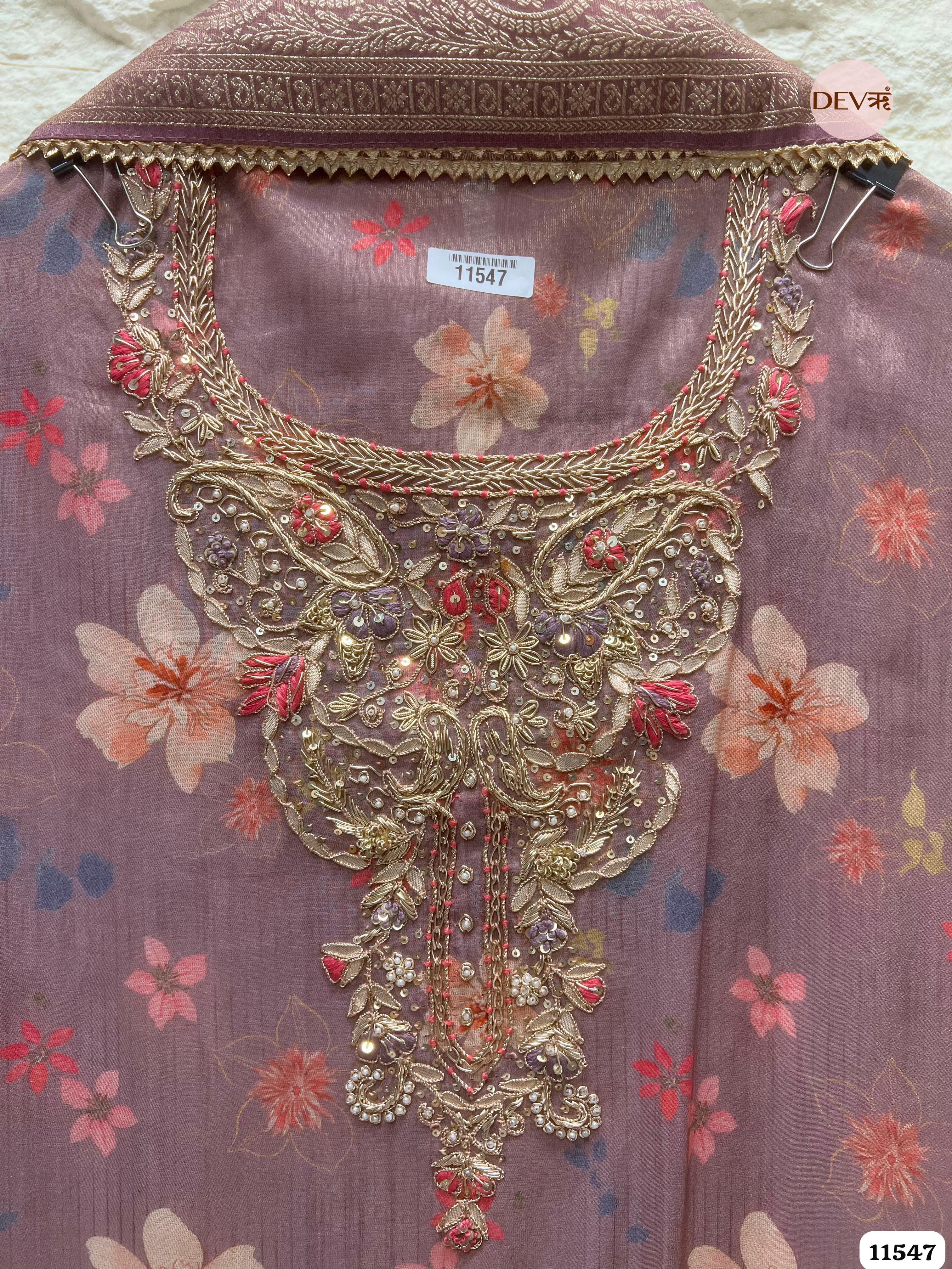 Purple Pure Tissue Silk Printed Unstitched Hand Embroidered -Set Of 3 {11547}