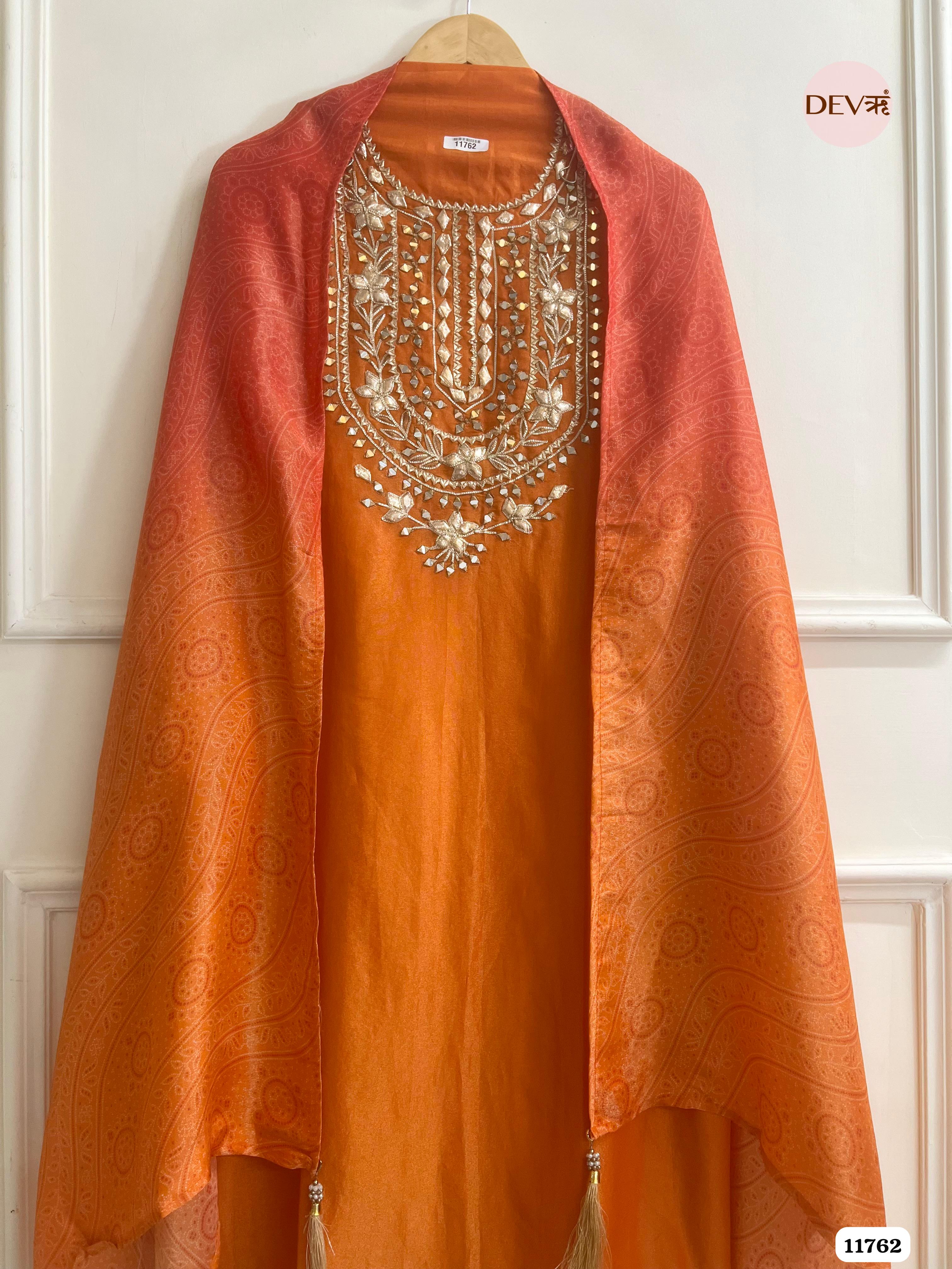 Orange Tissue Silk Unstitched hand Embroidered -Set Of 3 {11762}