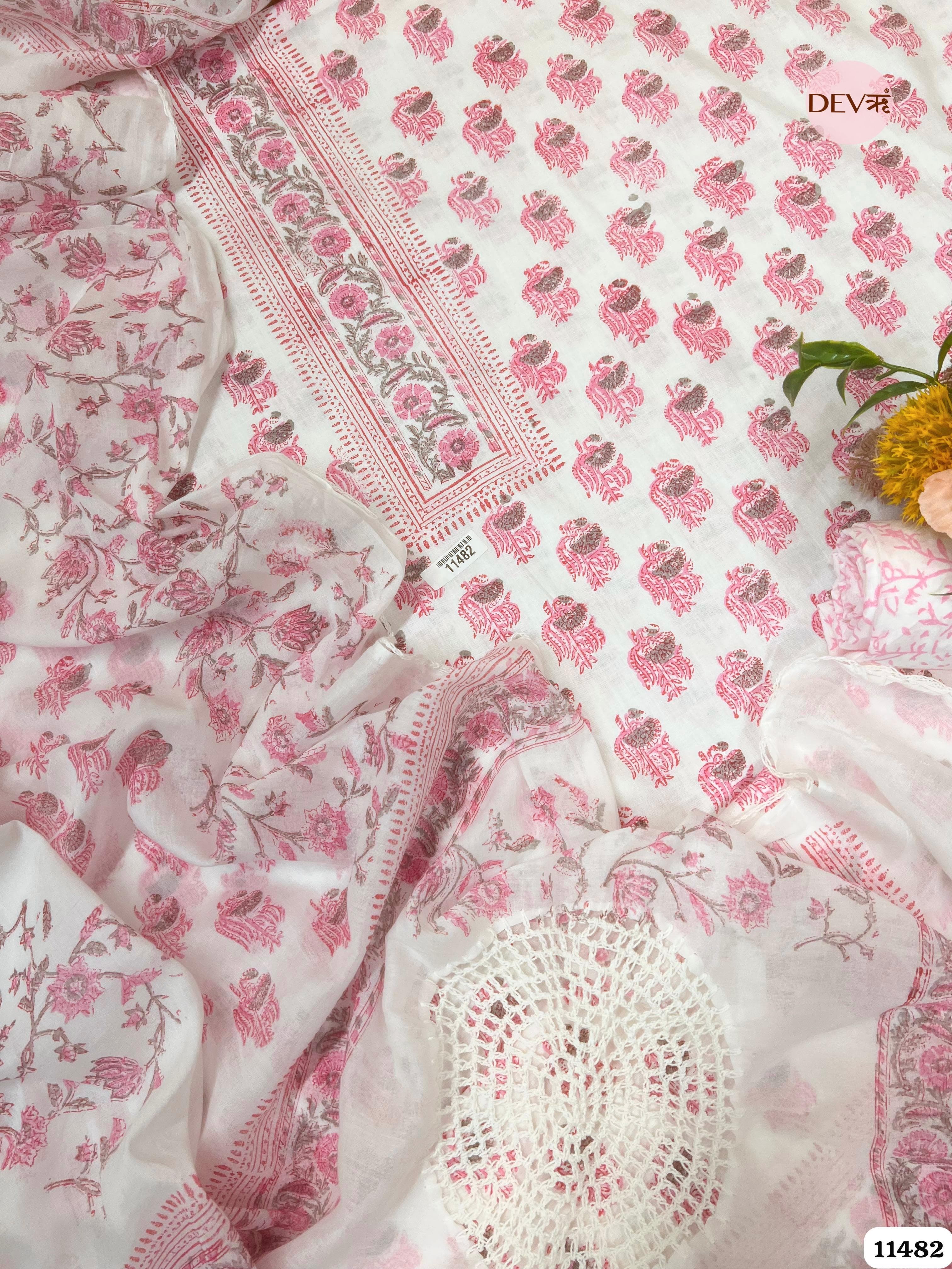 White & Pink Pure Cotton Printed Unstitched Embroidered -Set Of 3 {11482}