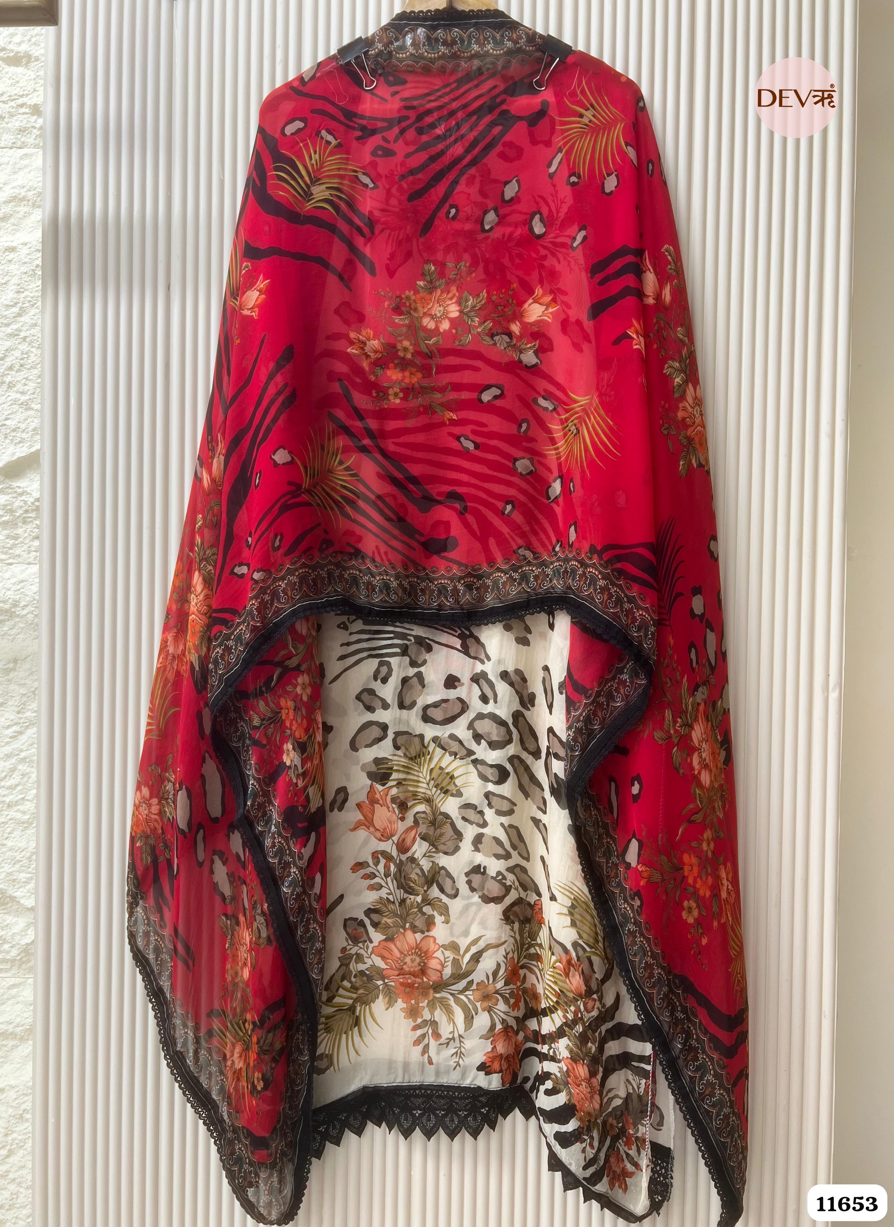 Red Organza Printed Semi Stitched Hand Embroidered -Set Of 3 {11653}