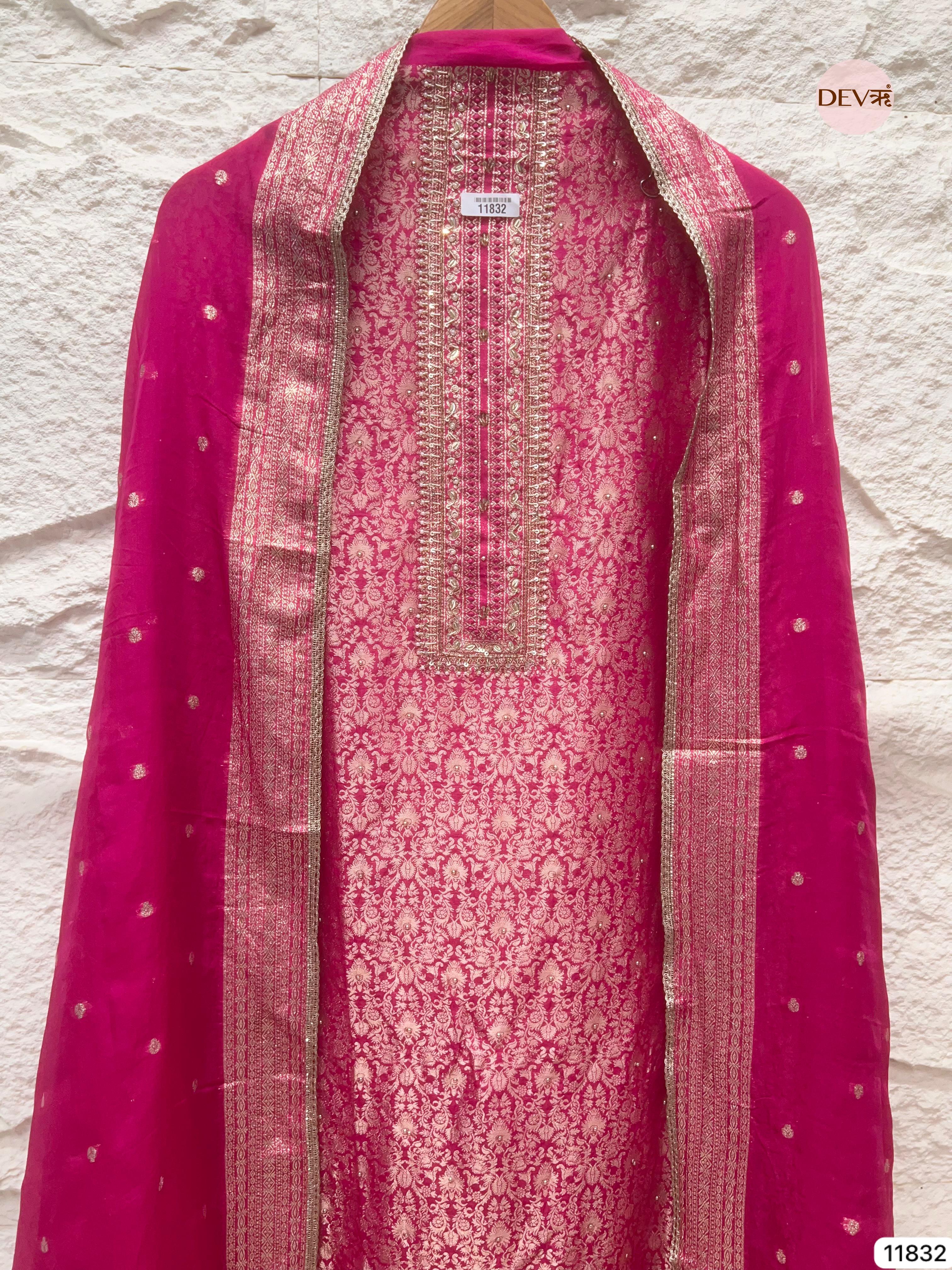 Pink Pure Shimmer Tissue Banarasi Woven Silk Unstitched Hand Embroidered -Set Of 3- {11832}