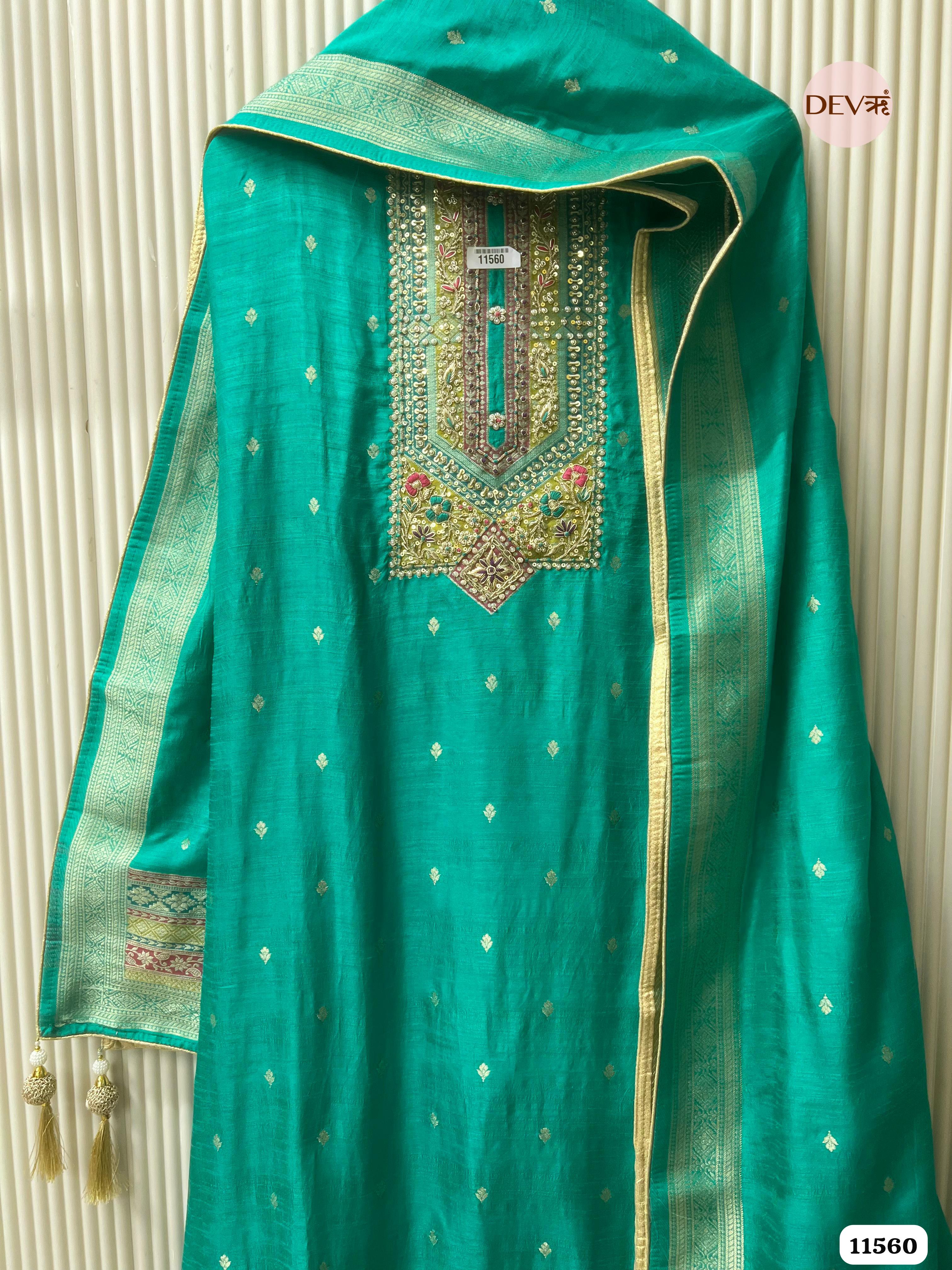 Green Silk Banarasi Weave Unstitched Hand Embroidered -Set Of 3 {11560}