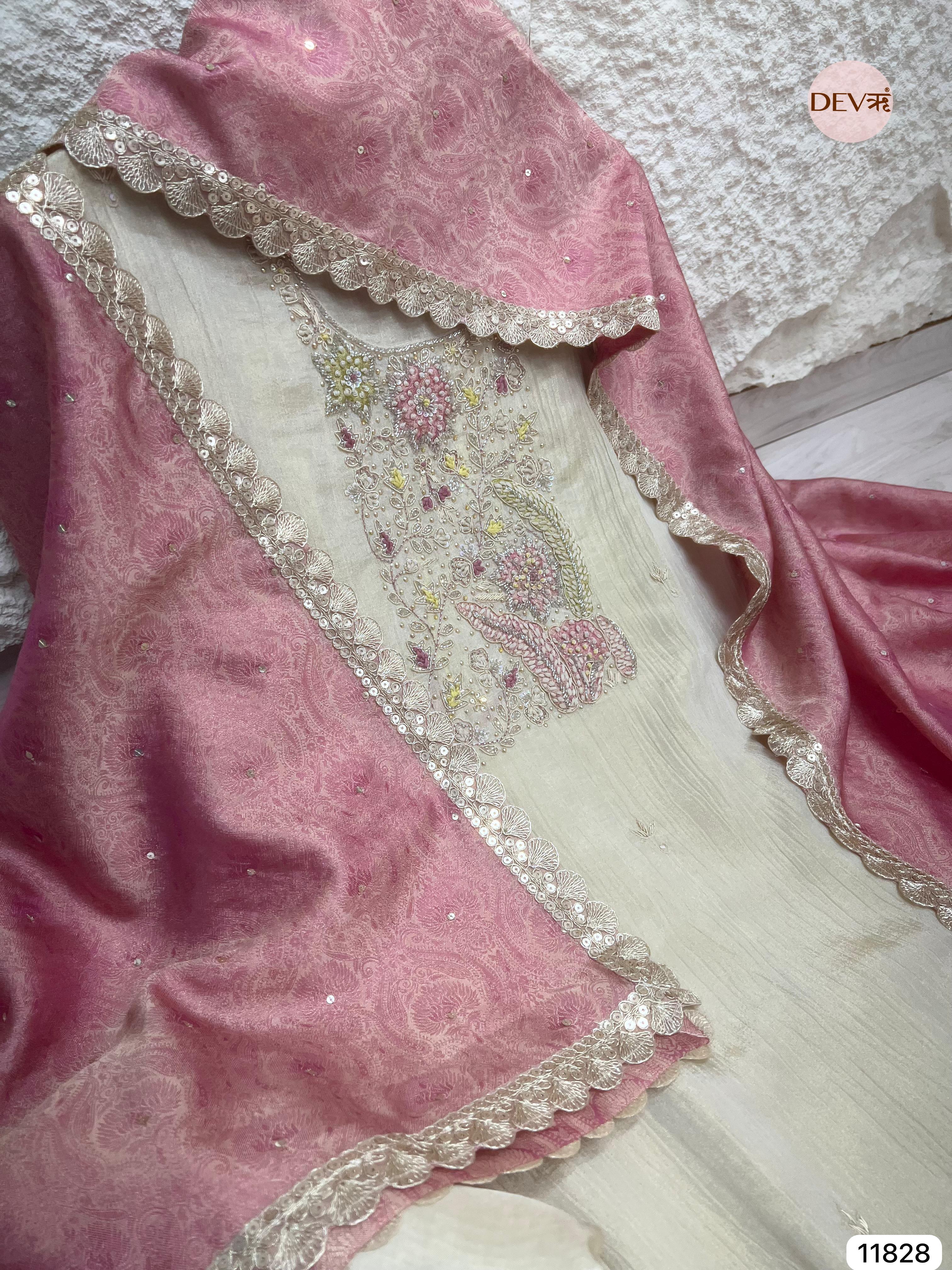 Off White Pure Tissue Crush Silk Unstitched Hand Embroidered -Set Of 3 - {11828}