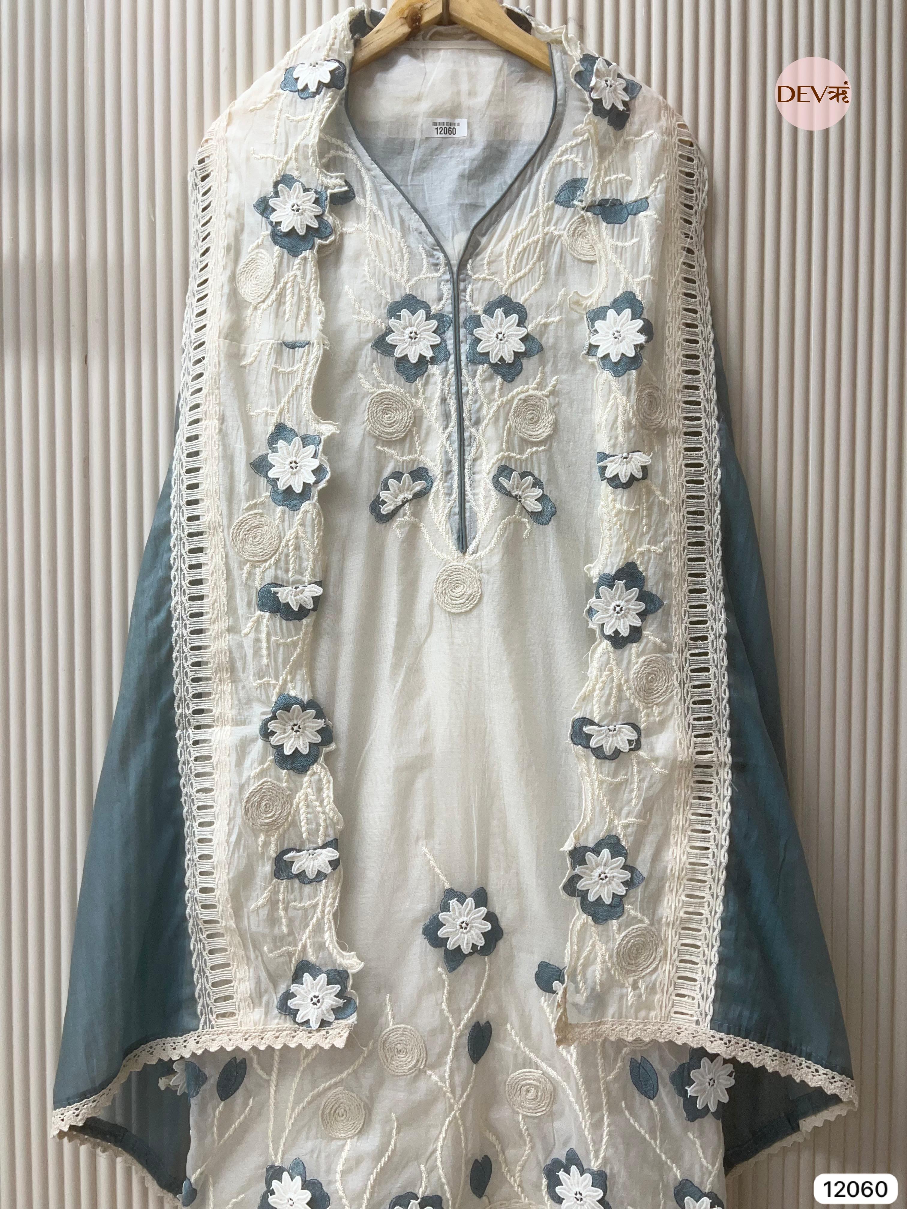 White Mul Chanderi Unstitched With Hand Embroidered -Set Of 3 - {12060}