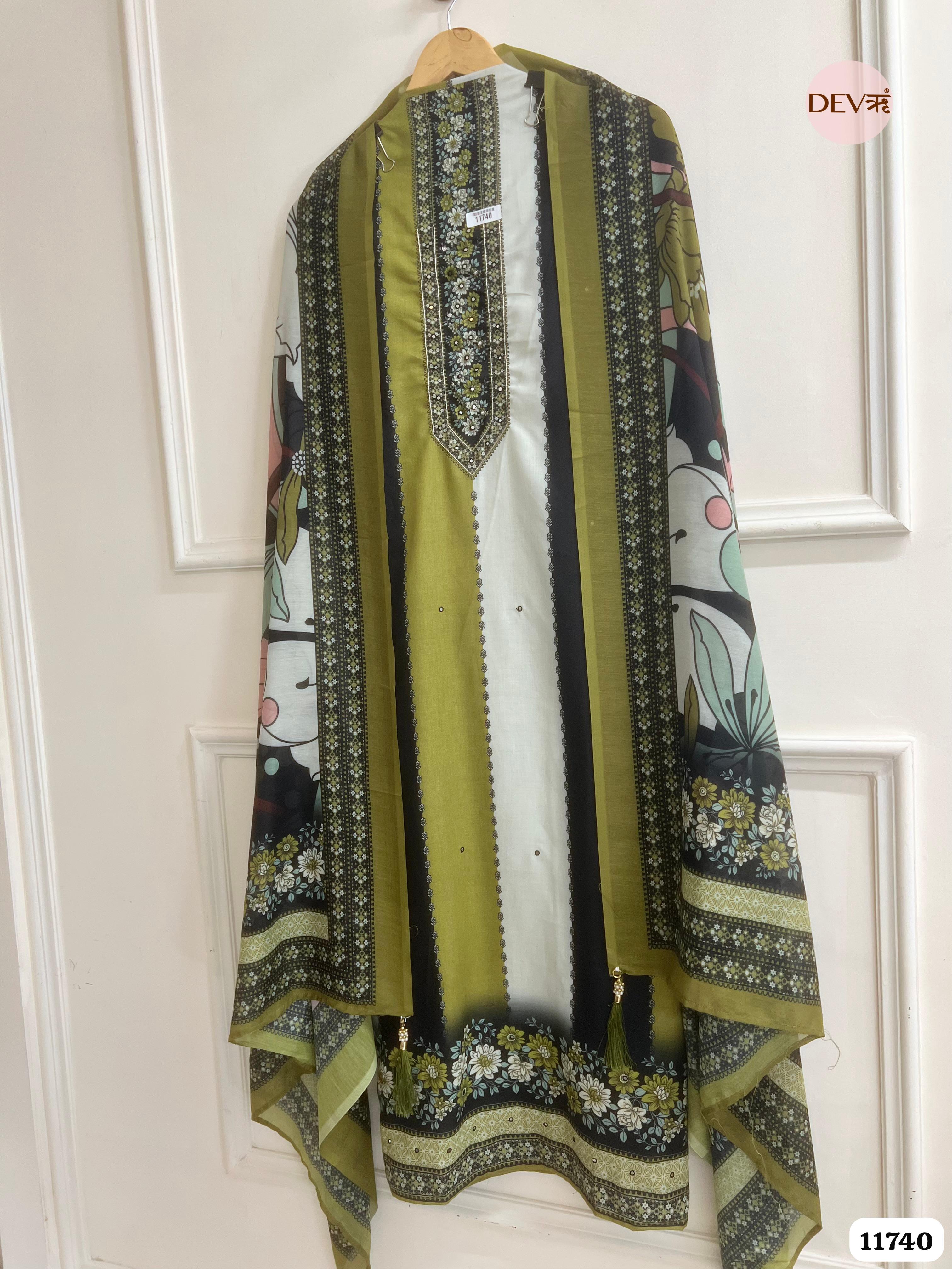 Multi Colour Cotton Unstitched Embroidered Printed -Set Of 3 {11740}