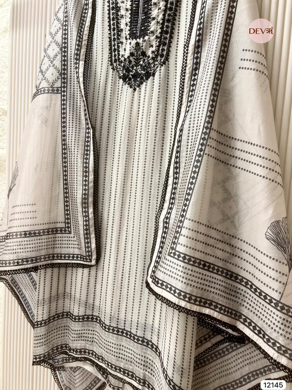 Off White Pure Organza Unstitched Printed Hand Embroidered -Set Of 3 - {12145}