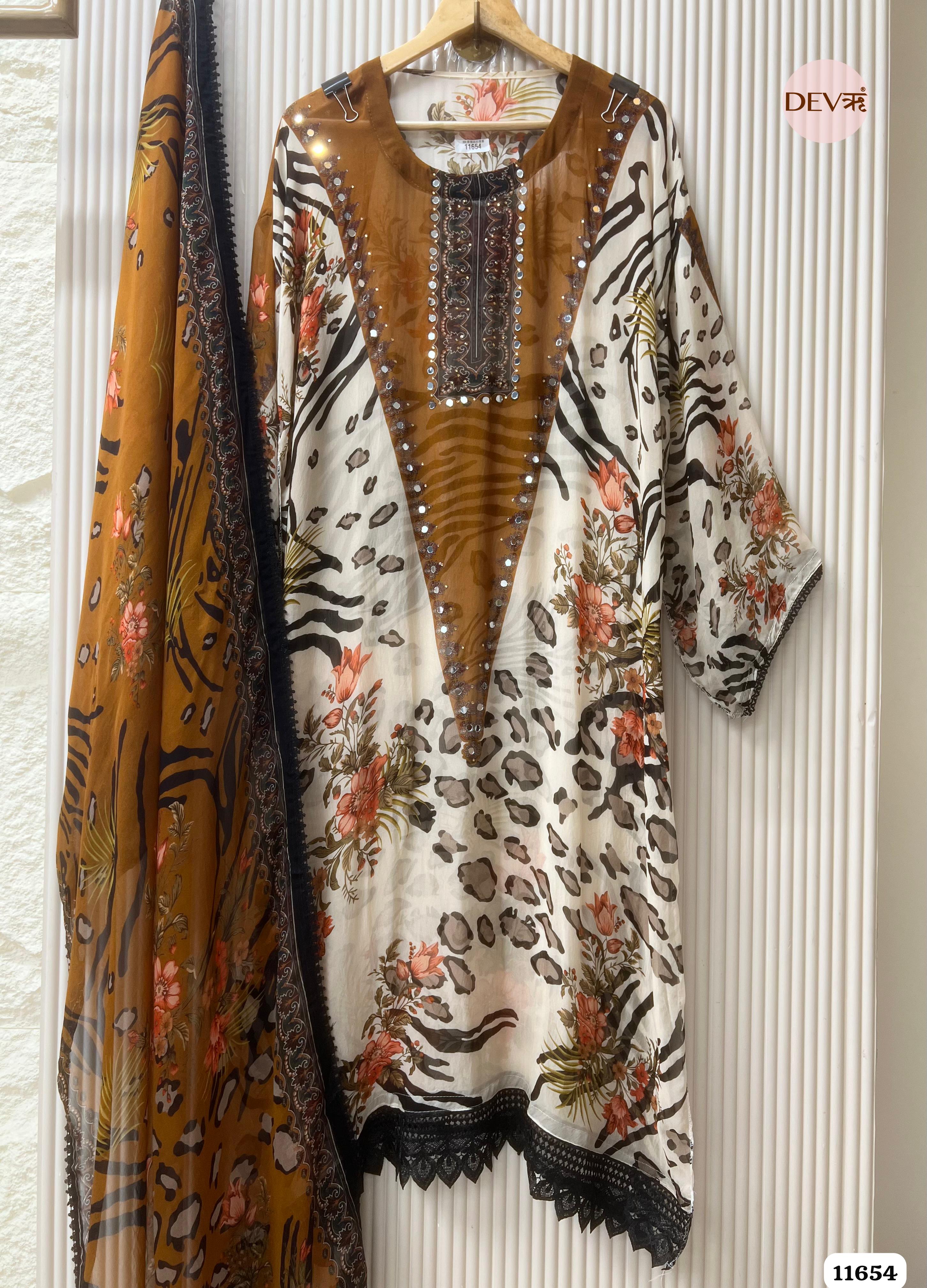 Brown/Cream Organza Printed Semi Stitched Hand Embroidered -Set Of 3 {11654}