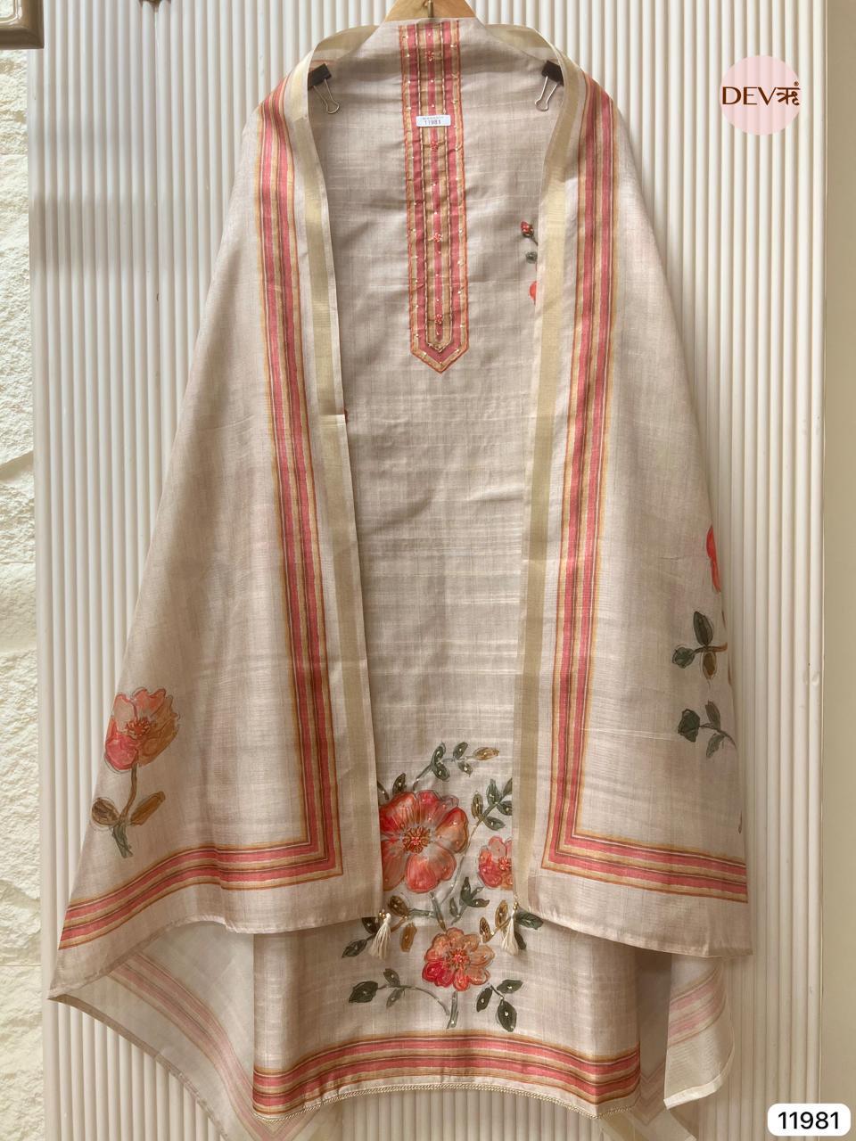 Beige Tusser Silk Embroidered Unstitched 3-Piece Suit (Devri – D.No 11981)