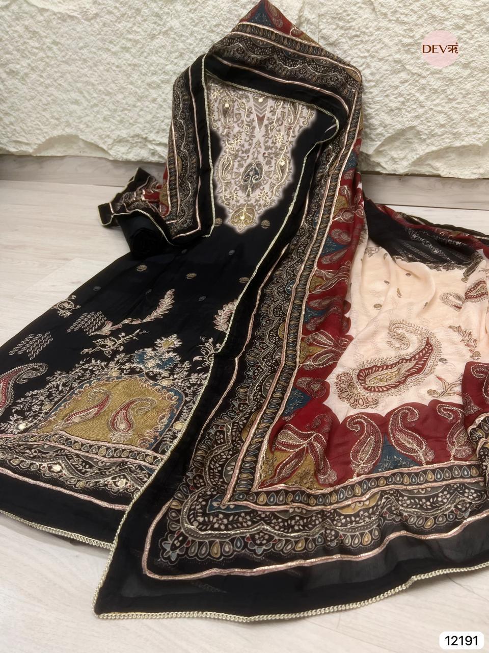 Black Muslin Embroidered Unstitched 3-Piece Suit (Devri – D.No 12191)