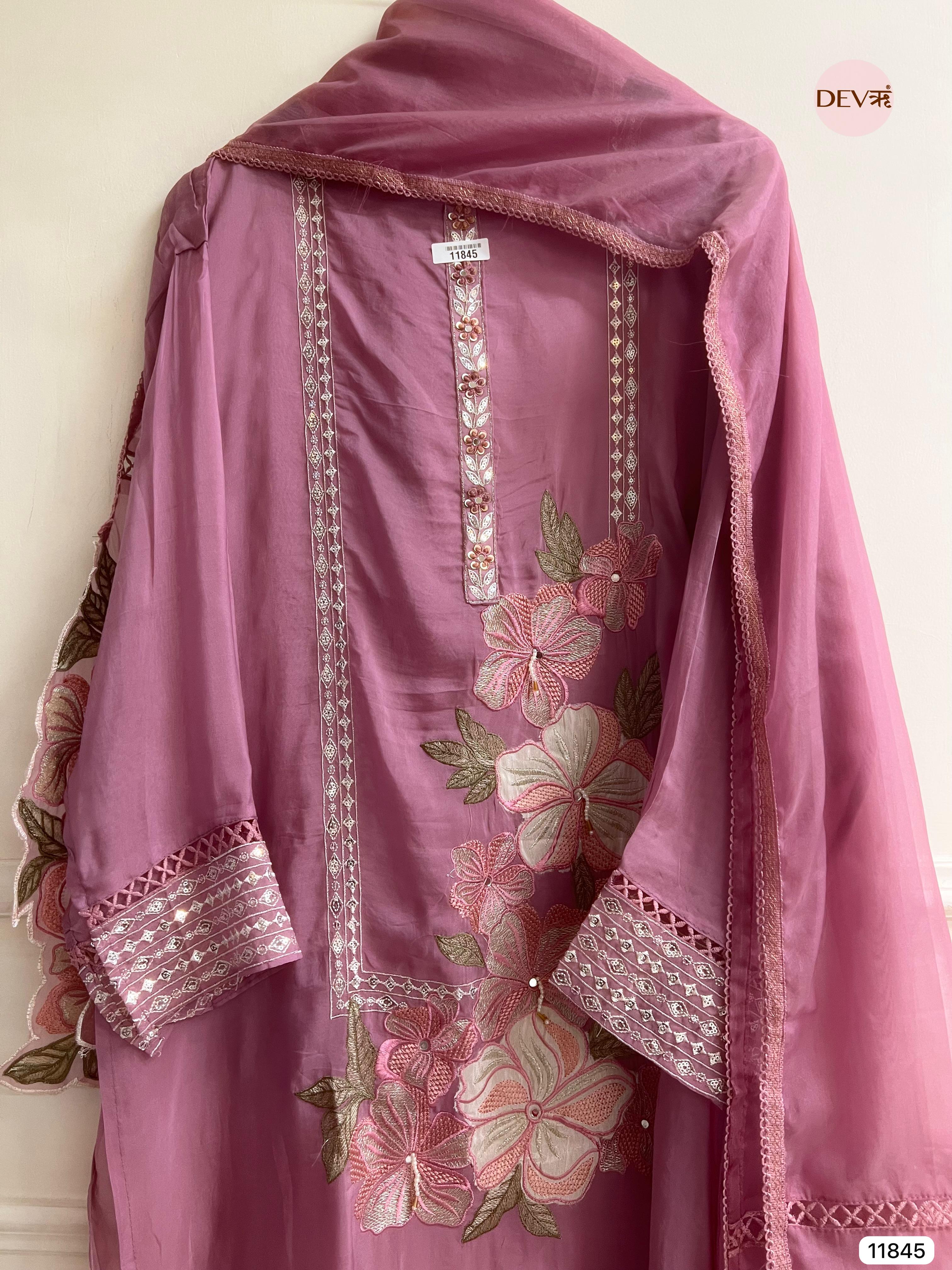 Purple Organza Semi Stitched Embroidered -Set Of 3- {11845}