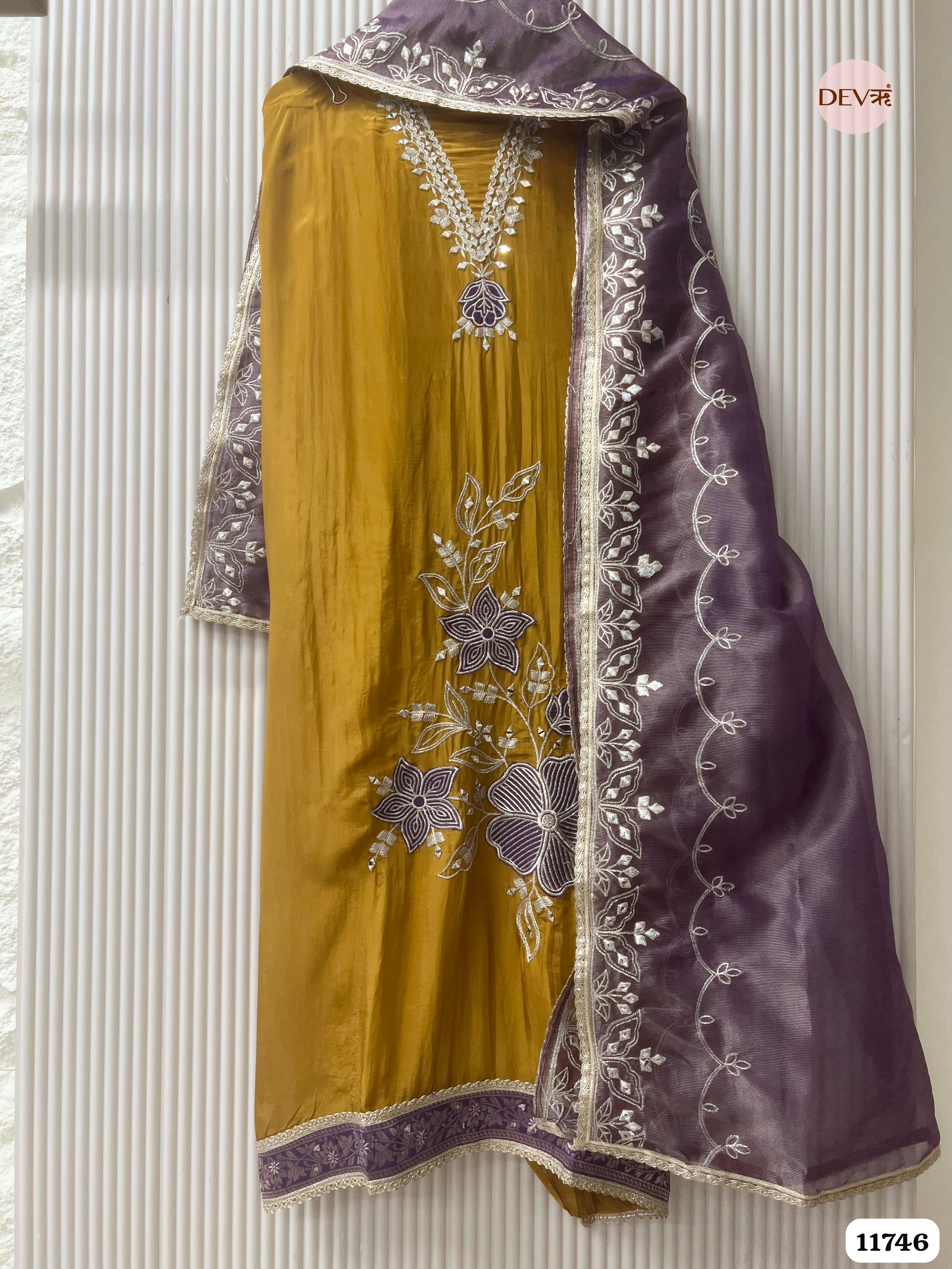 Golden Tissue Glass Silk Unstitched Hand Embroidered -Set Of 3 {11746}