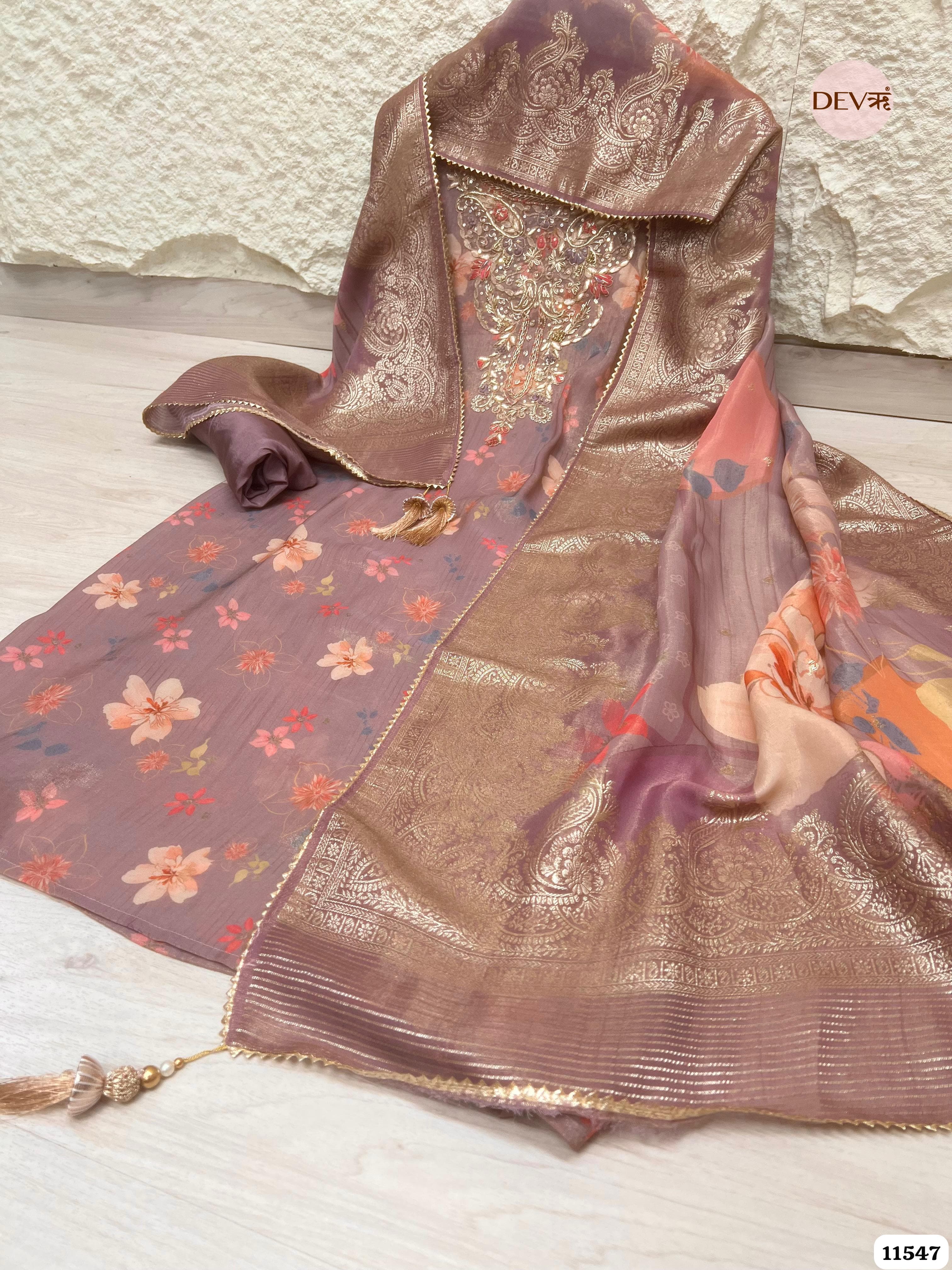 Purple Pure Tissue Silk Printed Unstitched Hand Embroidered -Set Of 3 {11547}